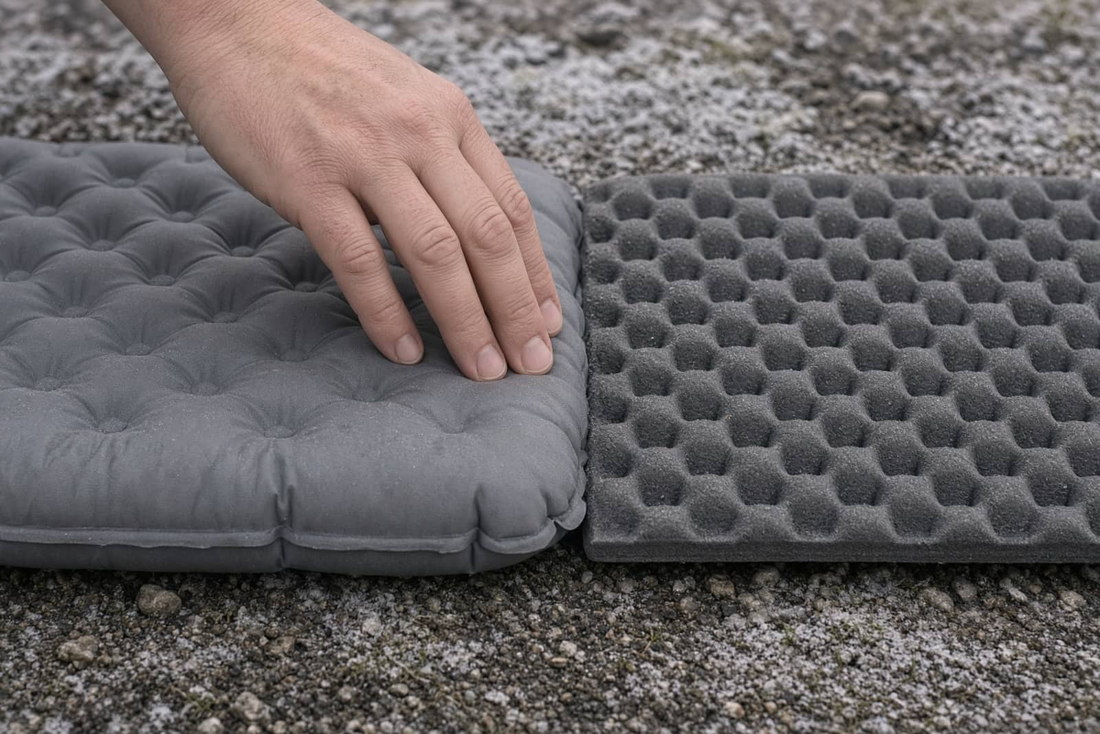 A hand pressing the edge of an air pad next to a foam pad on cold ground, showing thickness versus insulation