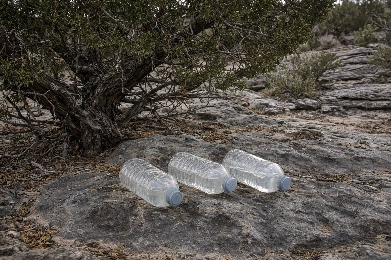 Water bottles cached in shade under a juniper on desert slickrock