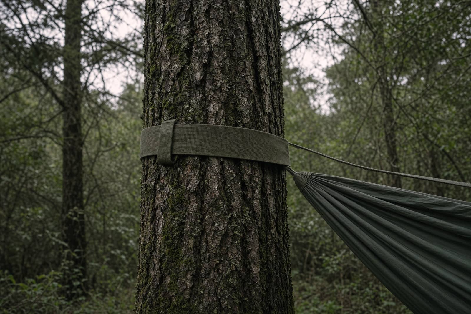 Hands wrapping a wide tree strap around bark with a hammock ridgeline beyond