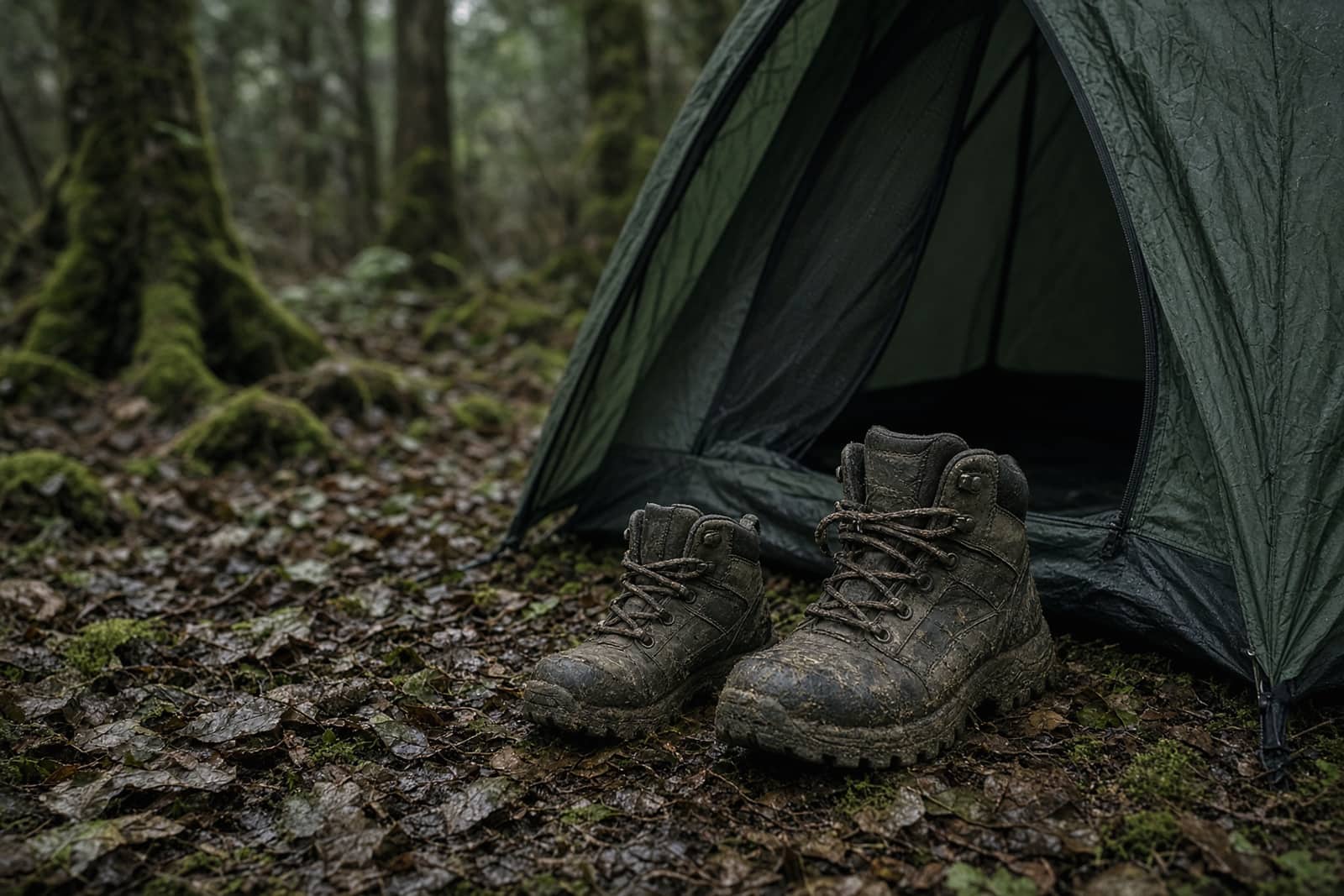 Small child's boots next to adult boots at a tent door