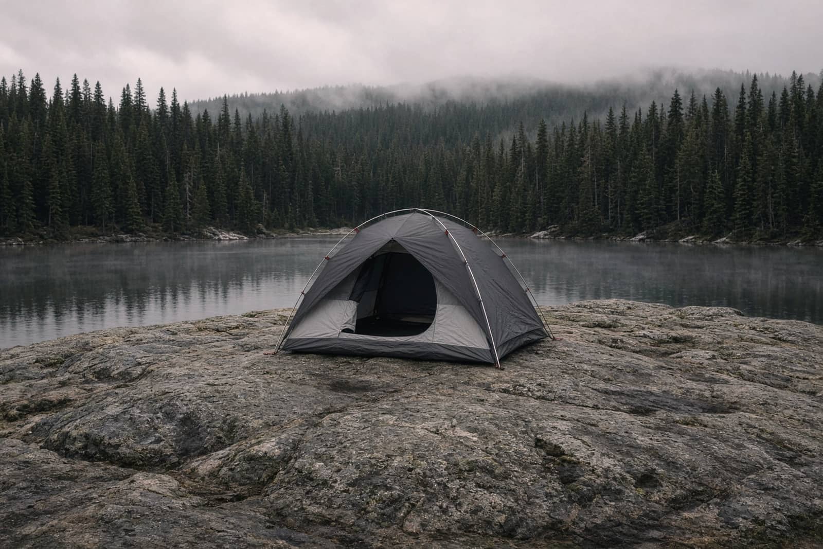 A small tent pitched on a durable granite slab well back from a lake, no fire ring