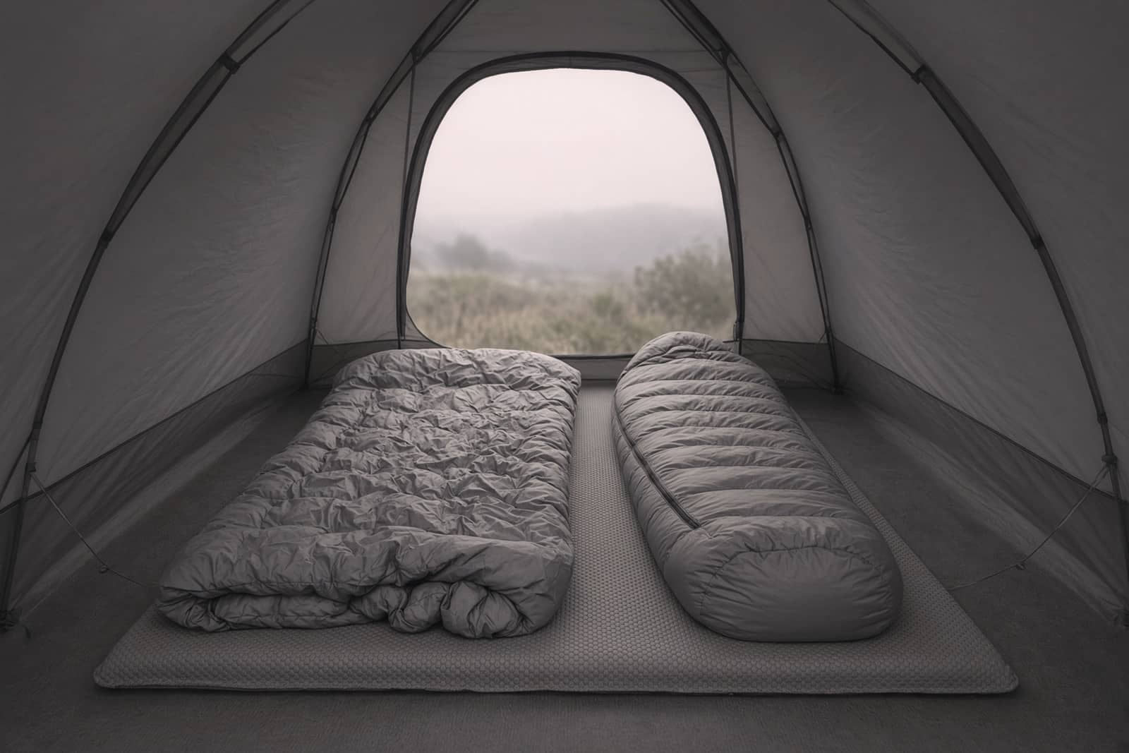 An open backpacking quilt and a zipped mummy bag side by side inside a tent