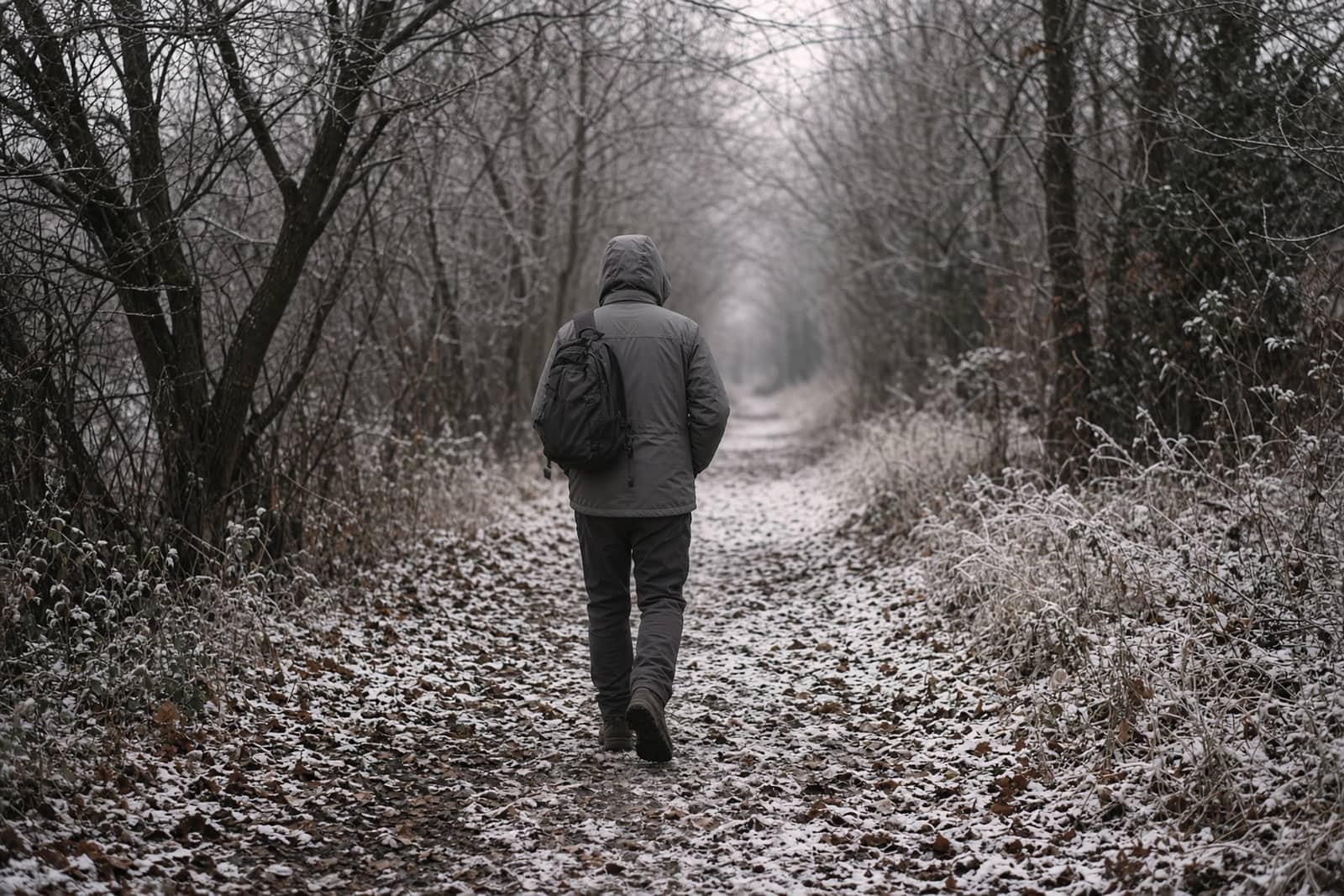 A frosty trail with fallen leaves and a hiker from behind in layers