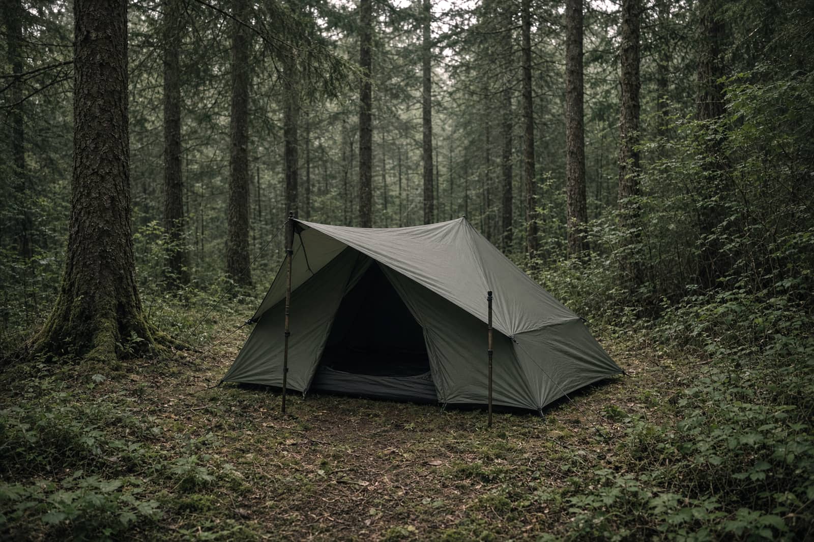 A flat tarp pitched low on trekking poles in drizzle over a sleeping pad