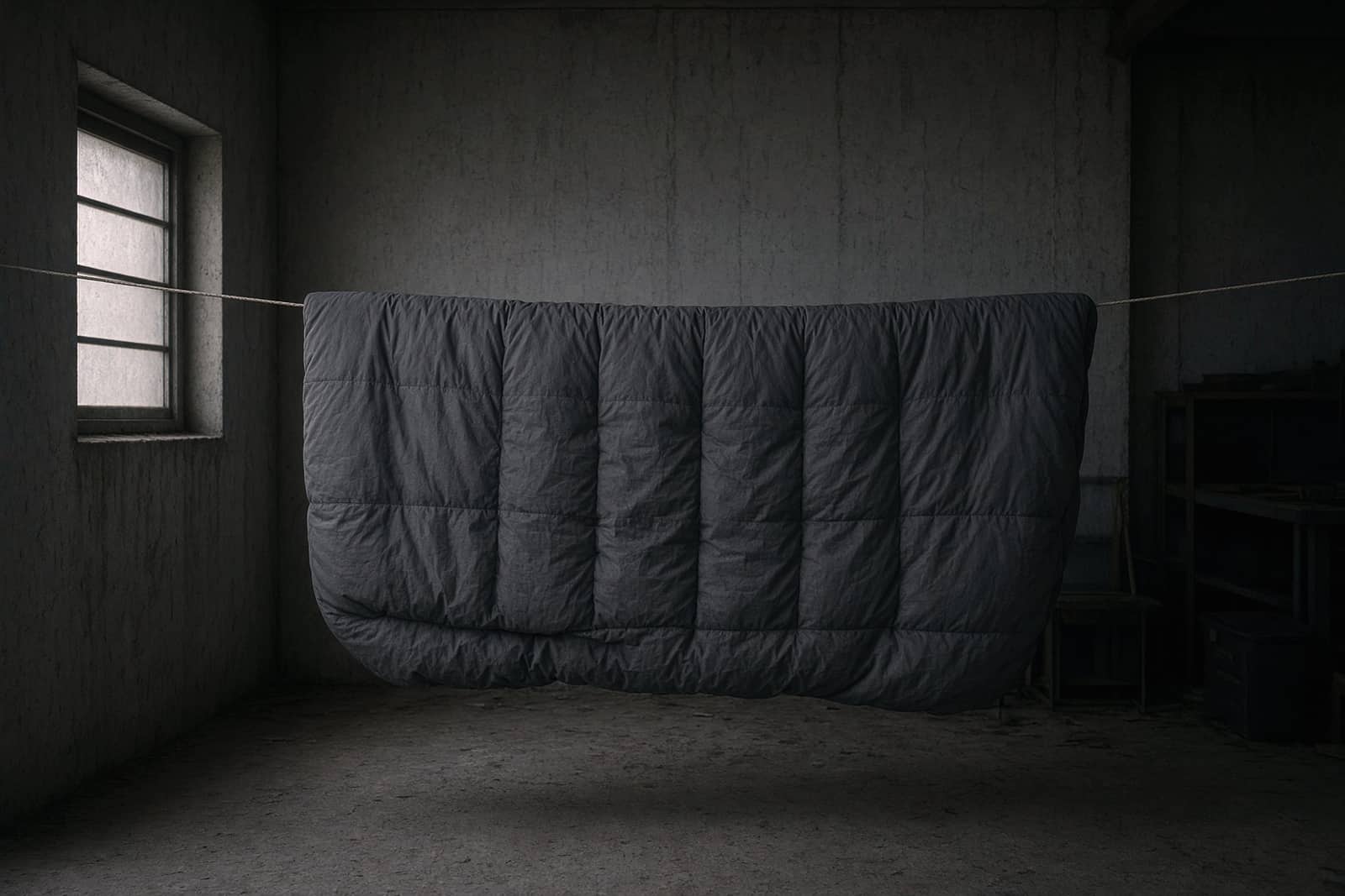 A down sleeping bag drying fully lofted over a line in a dim garage