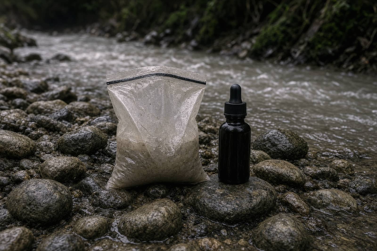 A filter bag and a small bottle of treatment drops beside a silty creek