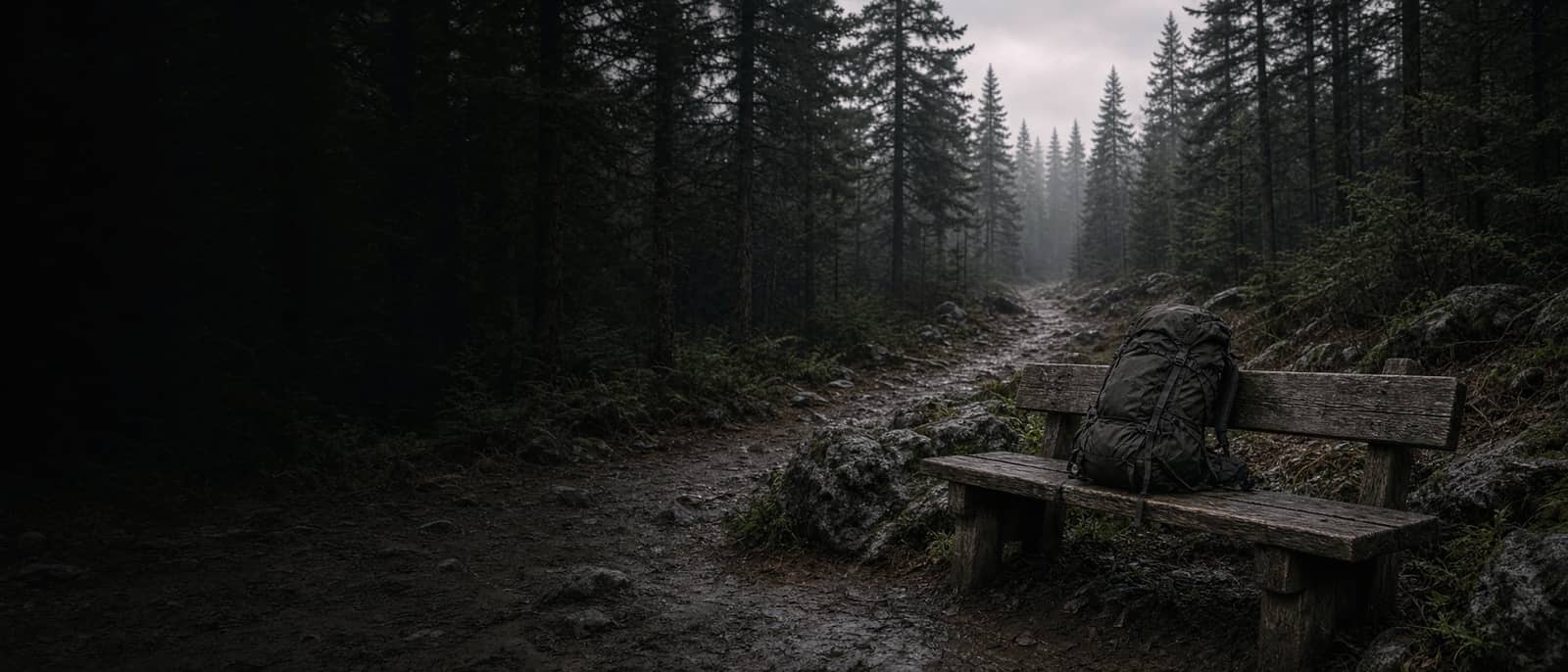 A wide forest trailhead at dawn with a loaded pack on a bench