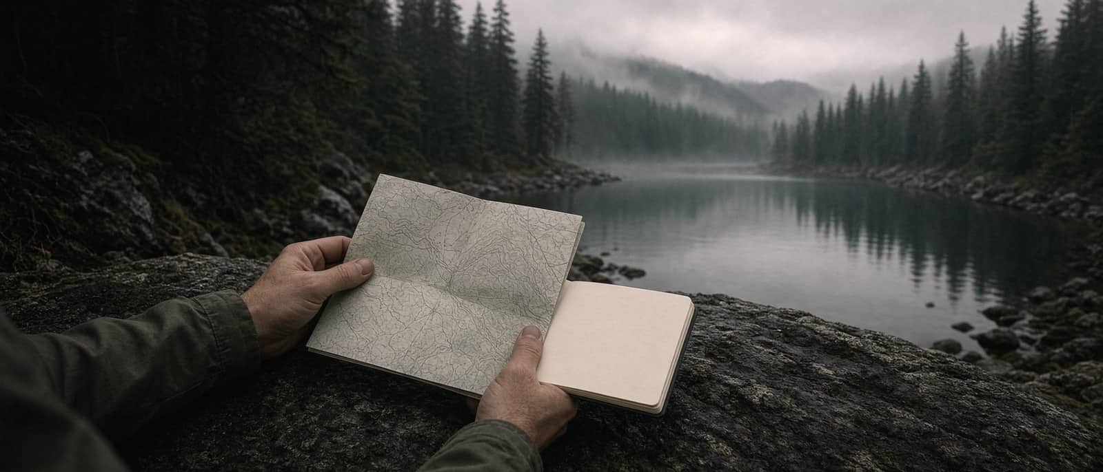 A hiker's hands with a topo map and notebook on a rock at a lake edge