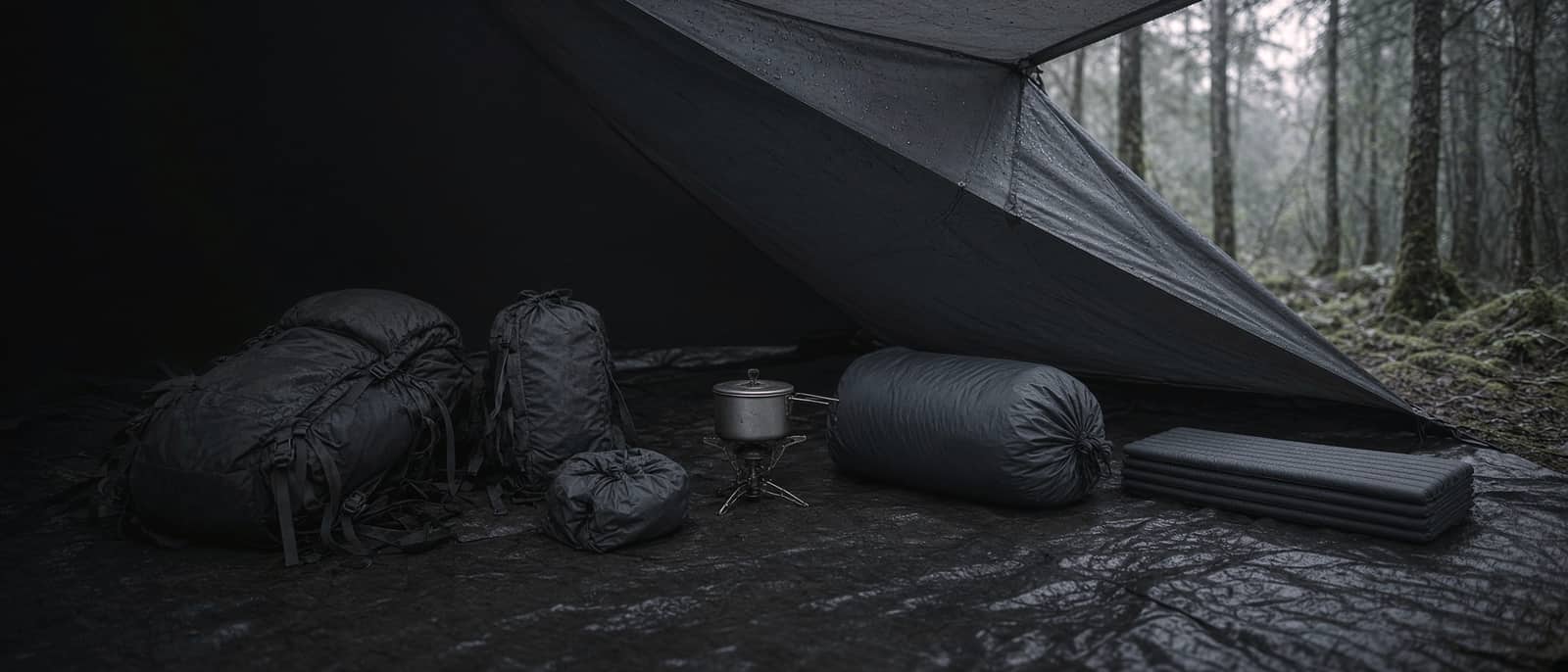 Several trip kits laid out on a tarp under a tent awning
