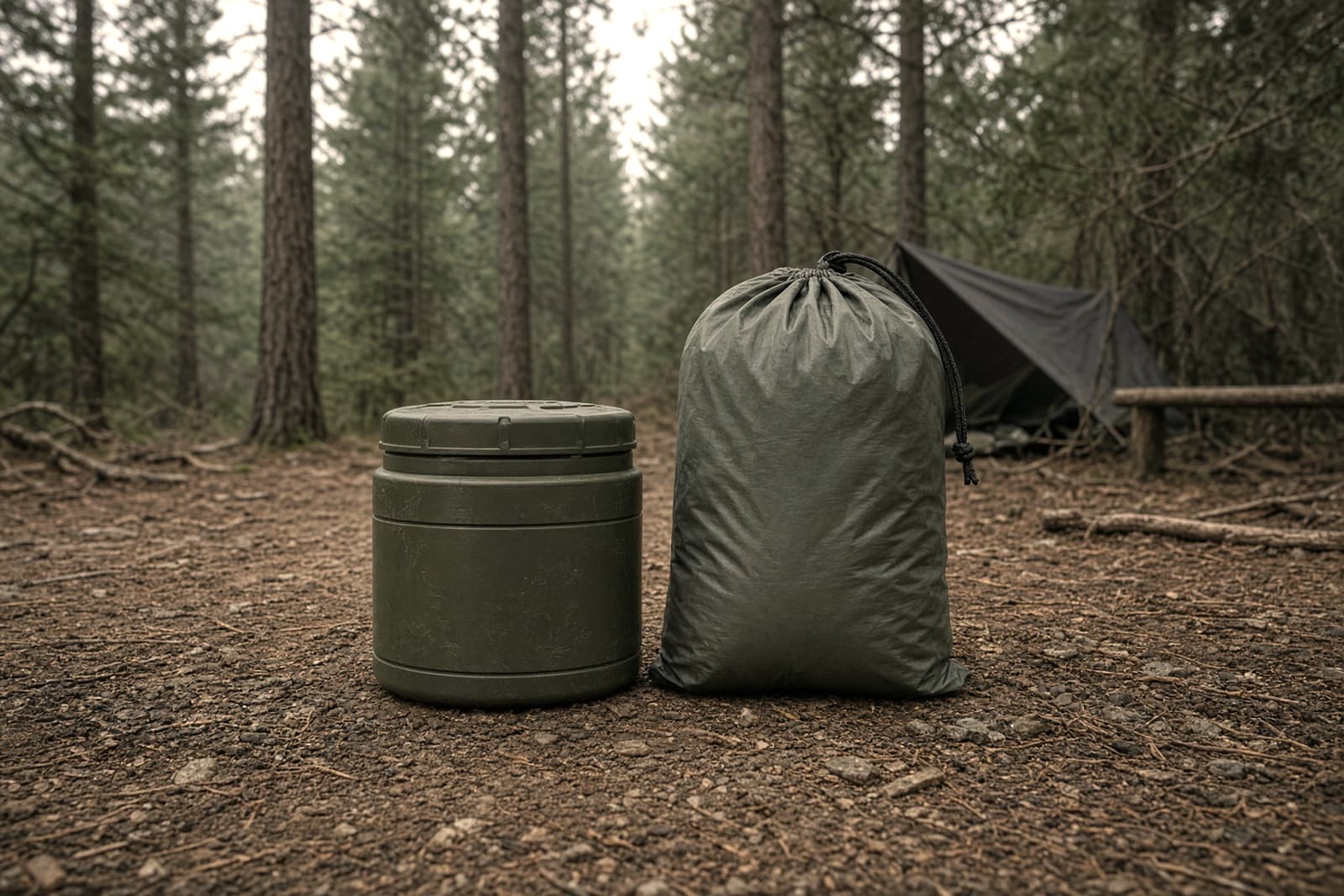 A bear canister and a hang bag at a camp in pines