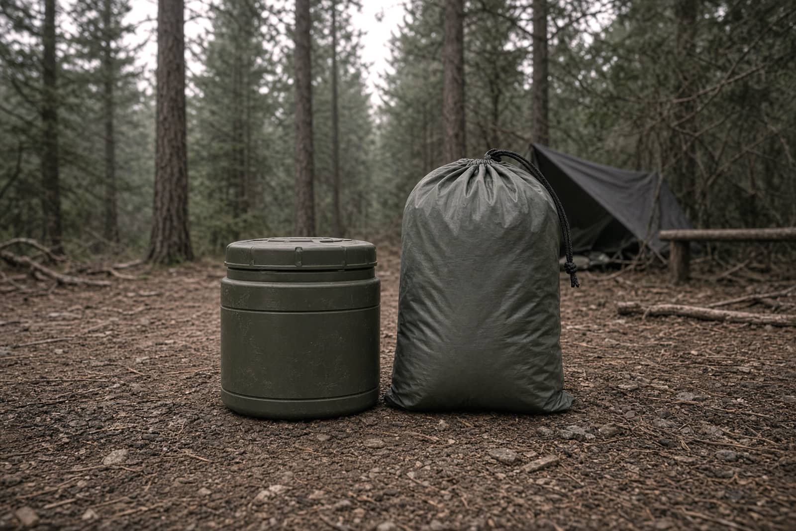 A bear canister and a hang bag at a camp in pines