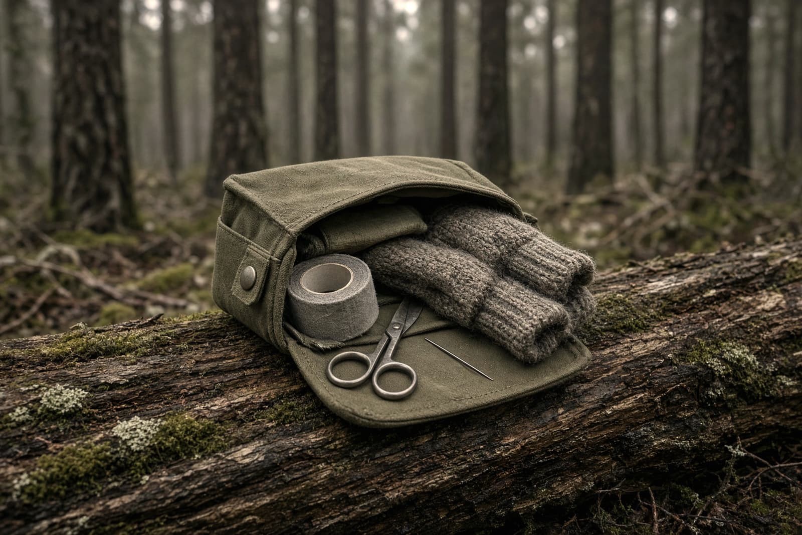 A small pouch spilling tape, scissors, a needle and spare socks