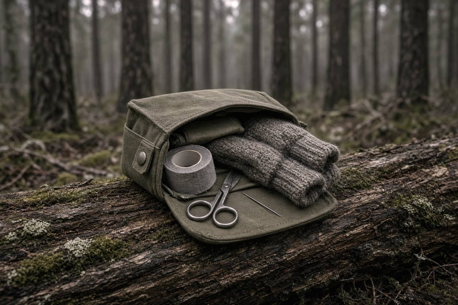 A small pouch spilling tape, scissors, a needle and spare socks