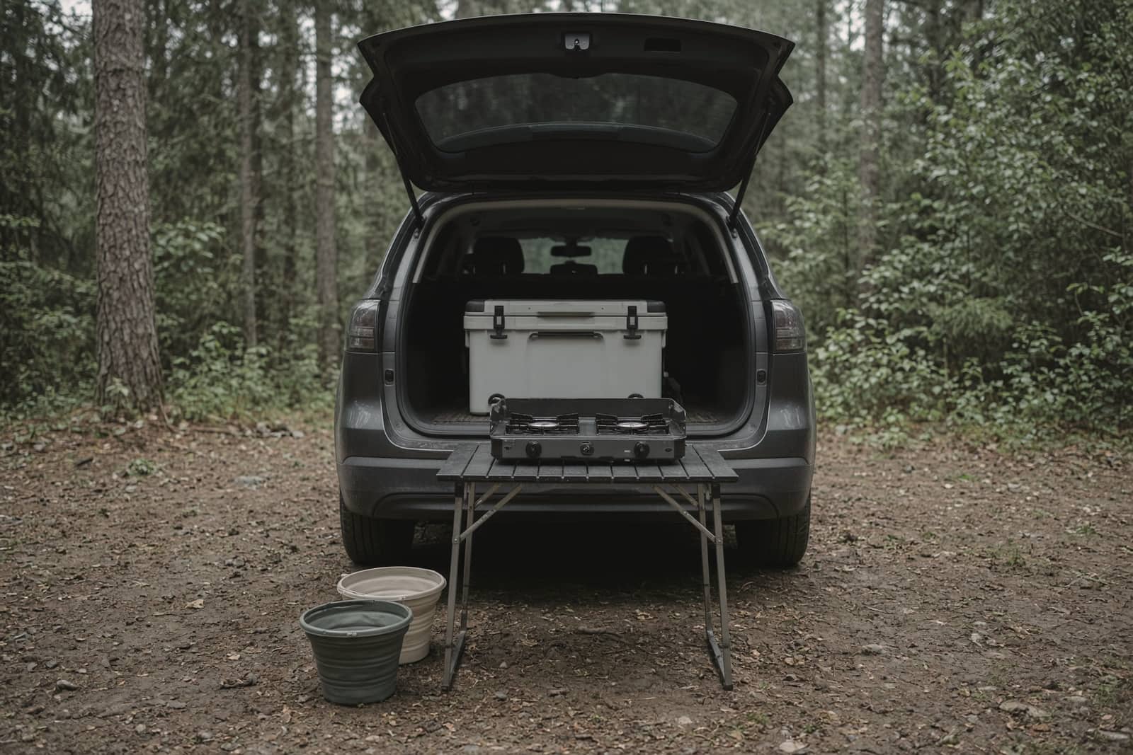 An open car hatch with a cooler, a two-burner stove and wash bins at a forest site