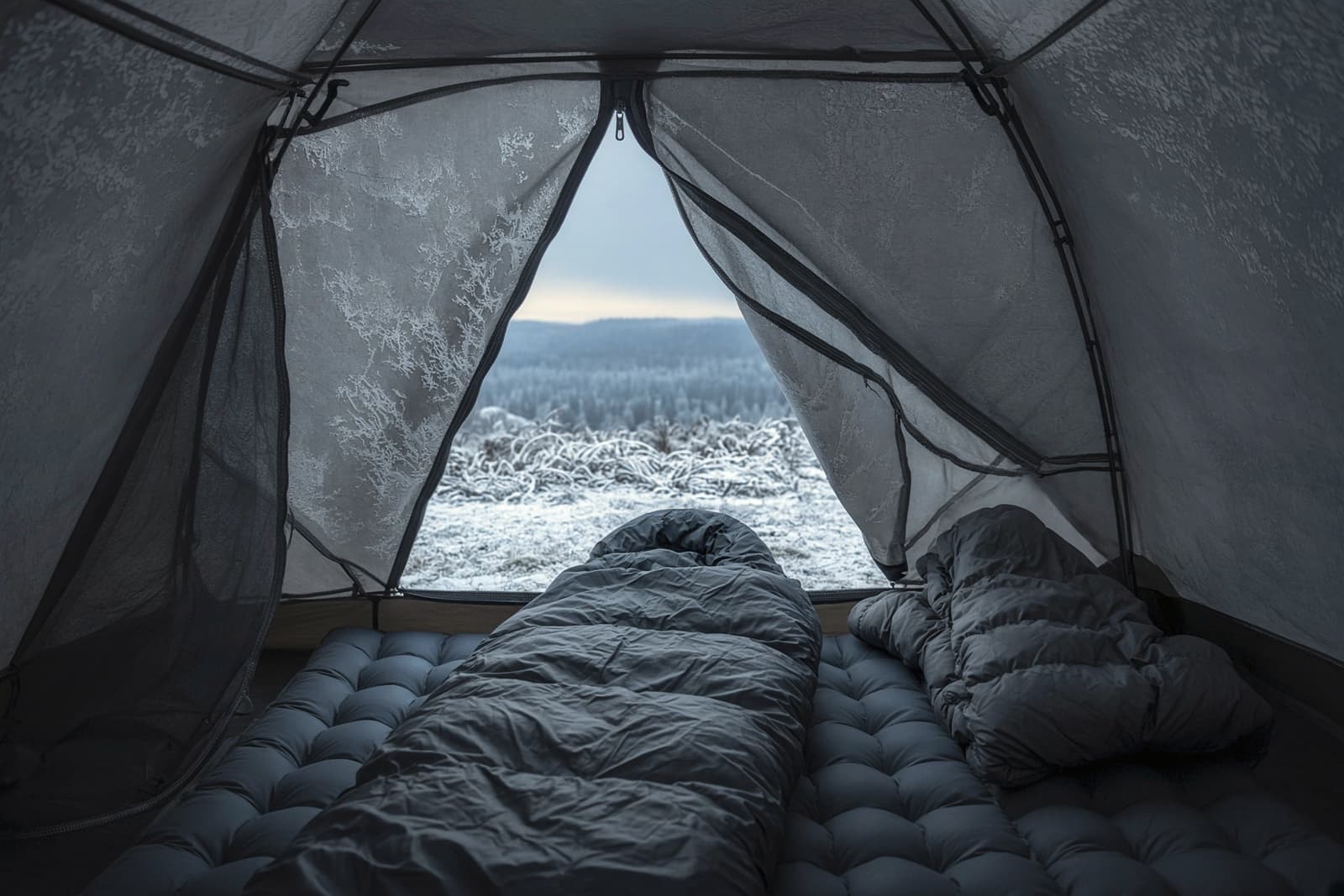 A thick bag on a high-insulation pad, a hooded camp puffy, frost on the tent