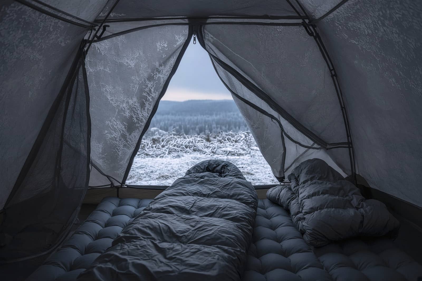 A thick bag on a high-insulation pad, a hooded camp puffy, frost on the tent