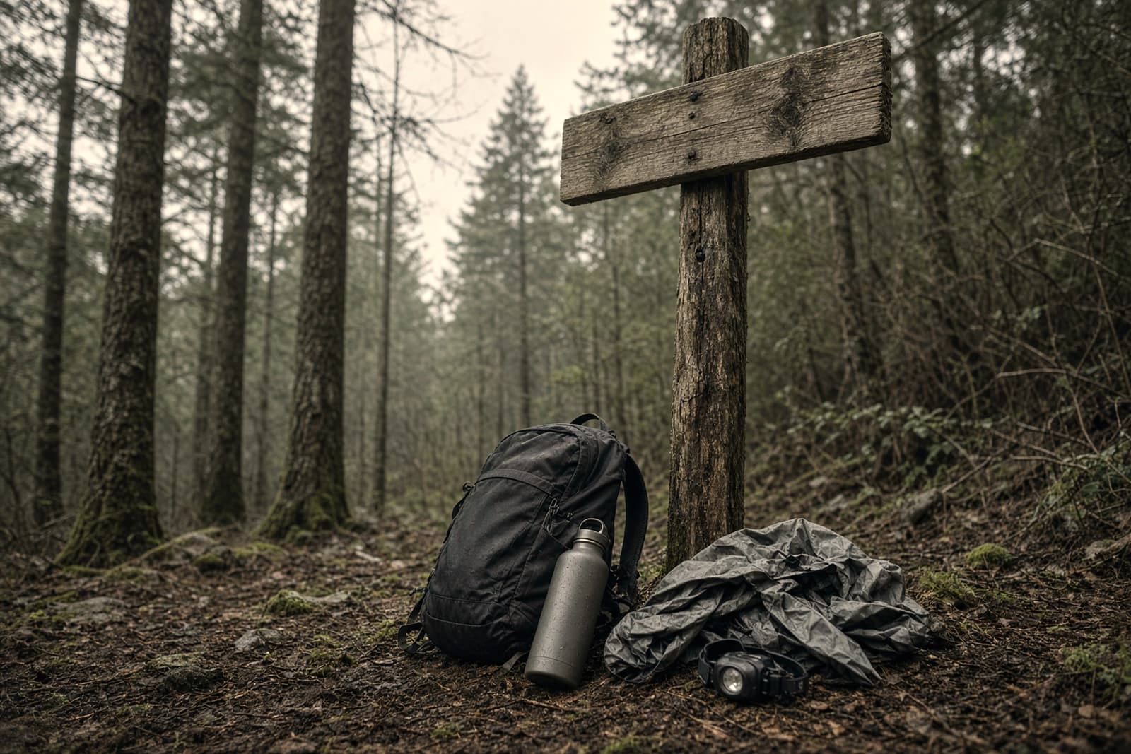 A daypack, water bottle, rain shell and headlamp at the base of a wooden trail sign post