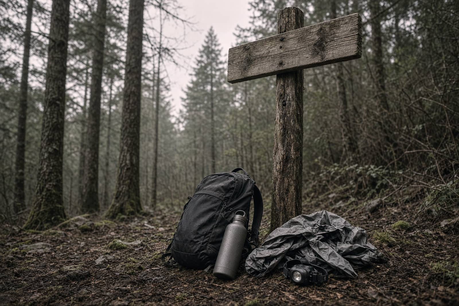 A daypack, water bottle, rain shell and headlamp at the base of a wooden trail sign post