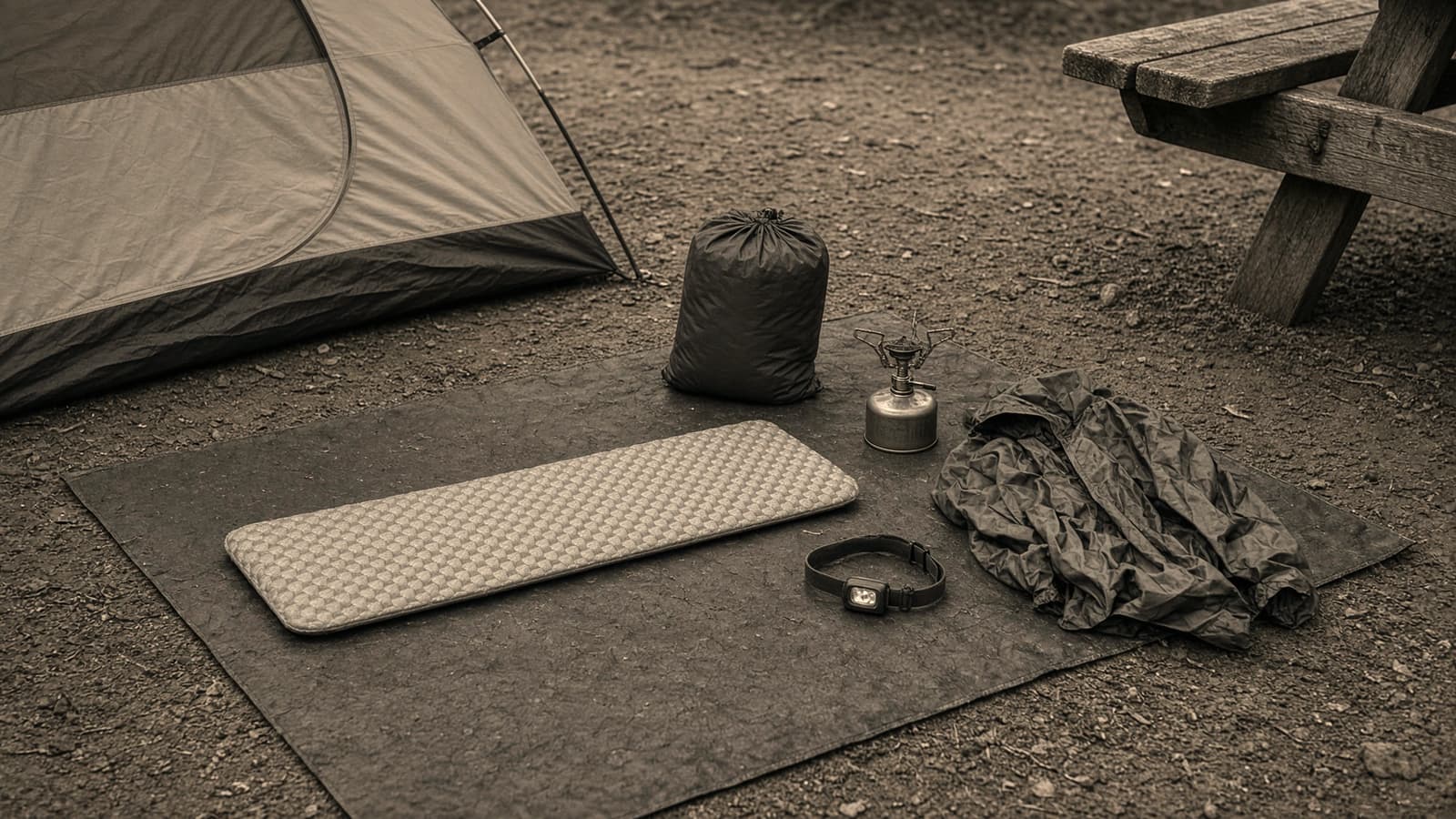A roomy freestanding tent at a calm evening camp, pad and bag airing, mild light