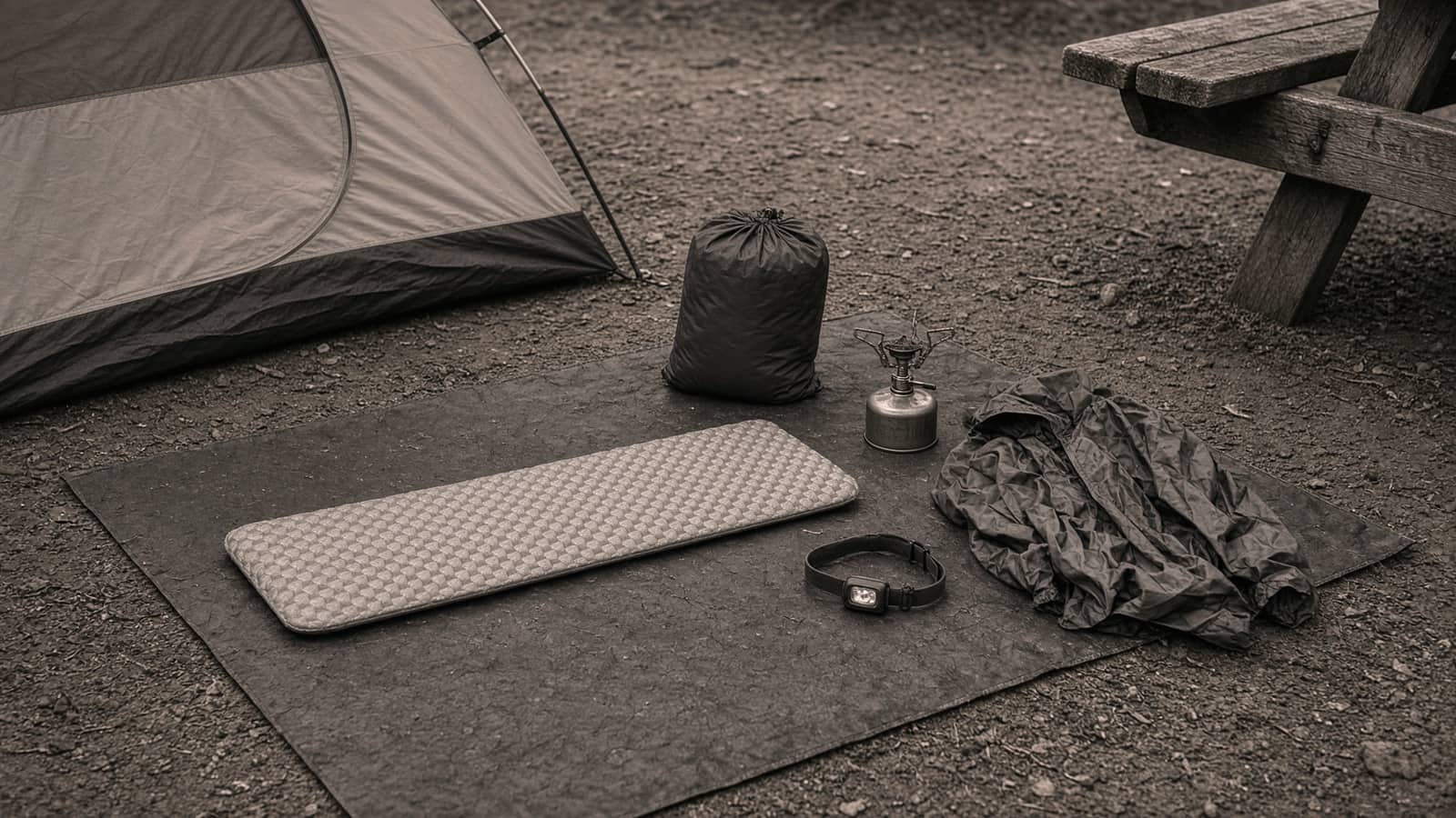 A roomy freestanding tent at a calm evening camp, pad and bag airing, mild light