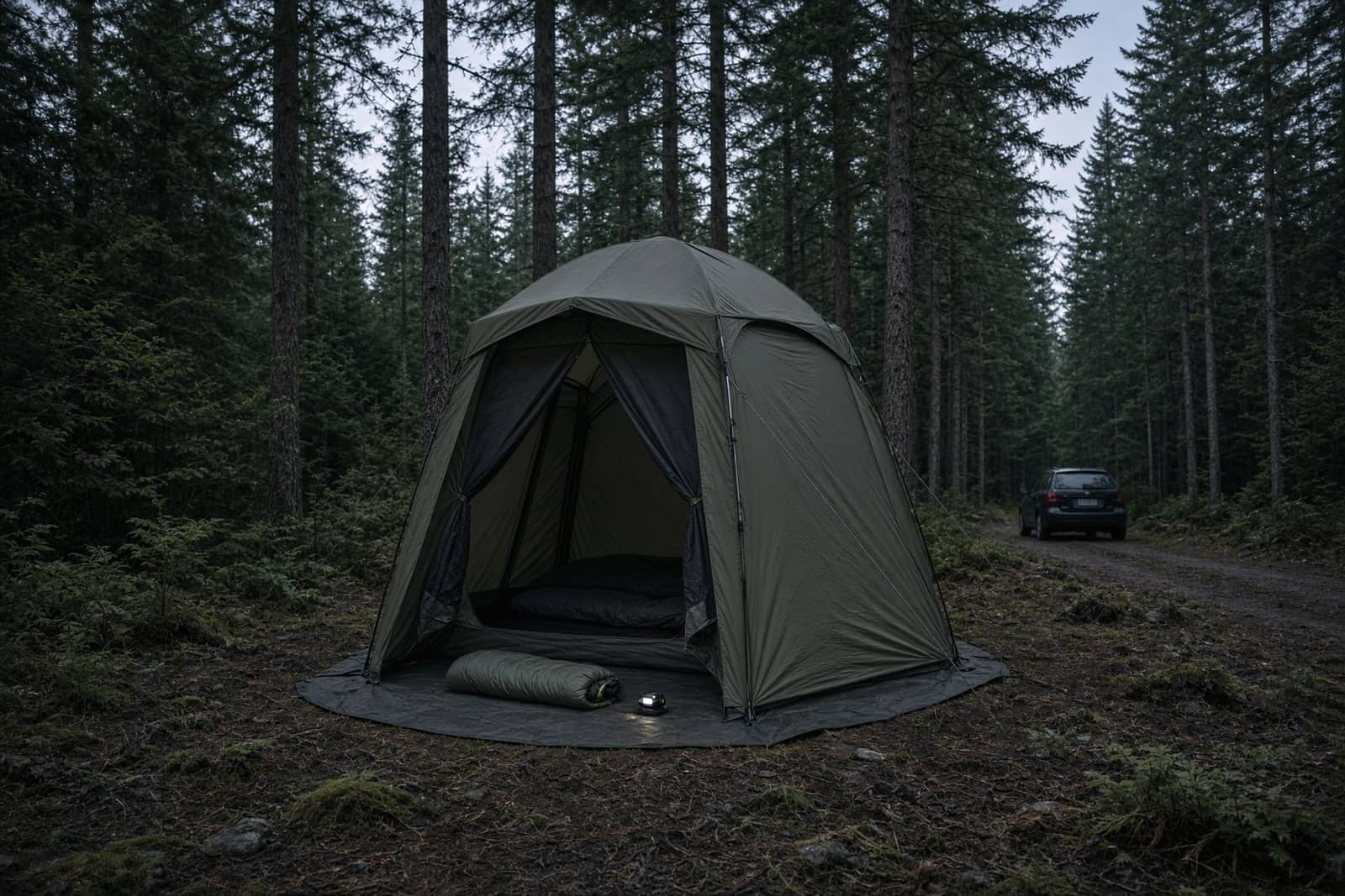 A big standing-height tent, a small kids' sleeping bag and a kid headlamp