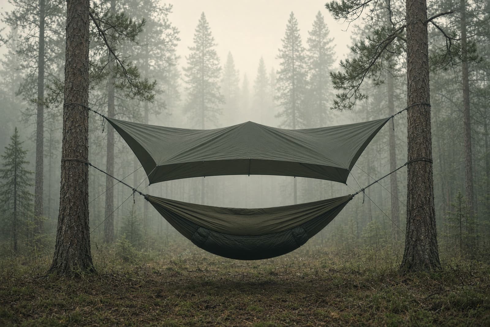 A hammock with tarp and underquilt pitched between pines at a two-night camp