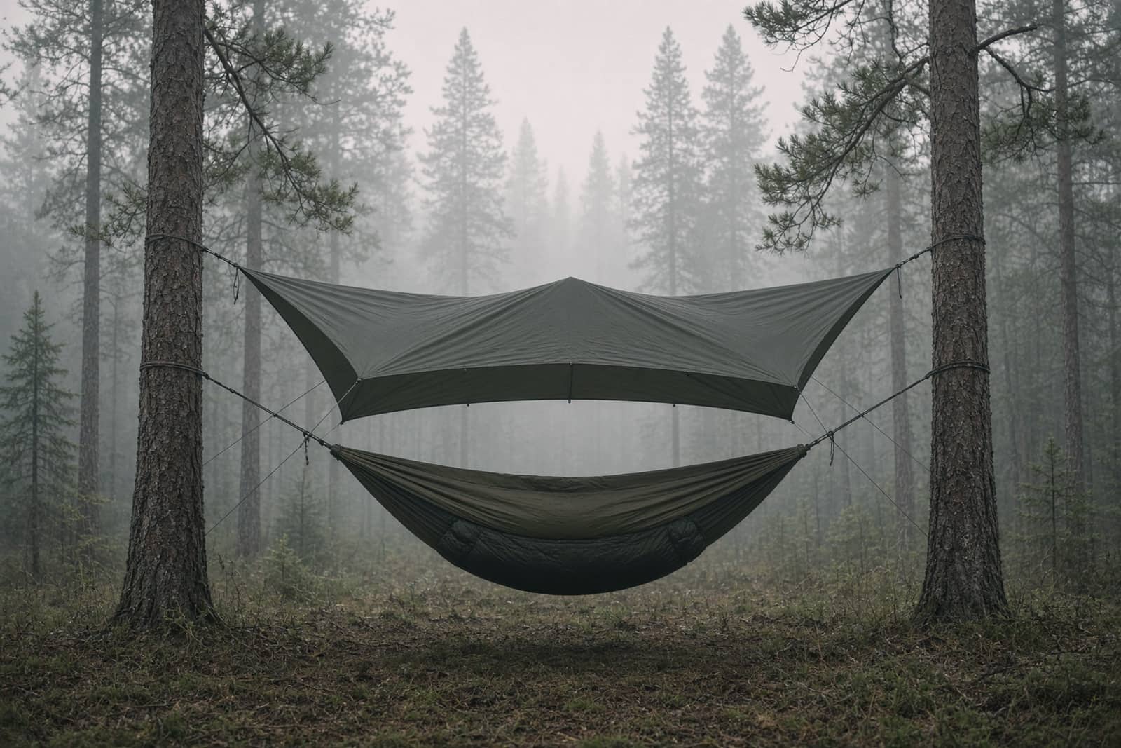 A hammock with tarp and underquilt pitched between pines at a two-night camp