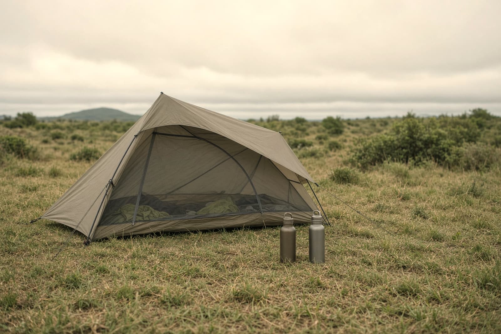 A mesh shelter, a sun hoodie and water bottles on dry grass