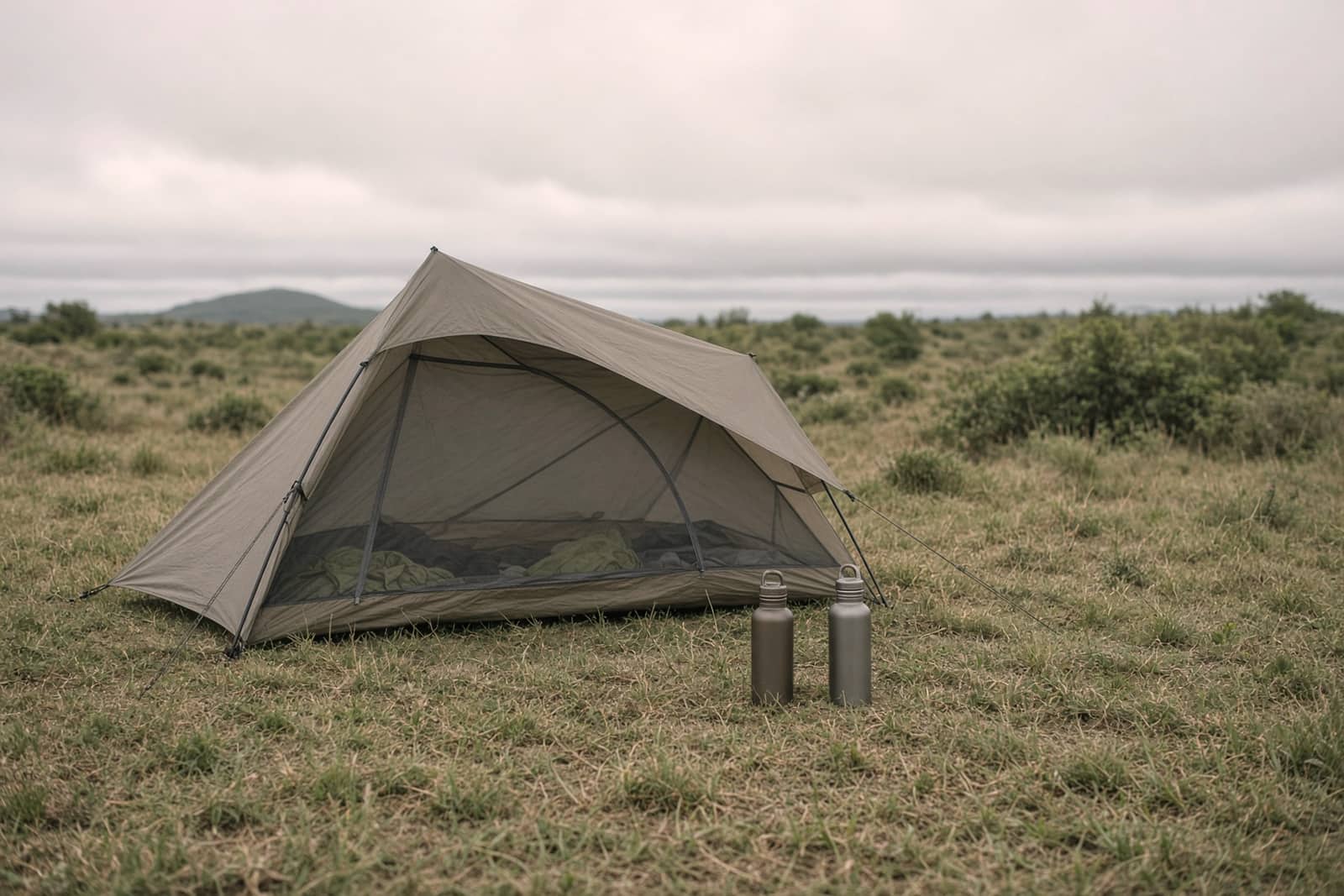 A mesh shelter, a sun hoodie and water bottles on dry grass