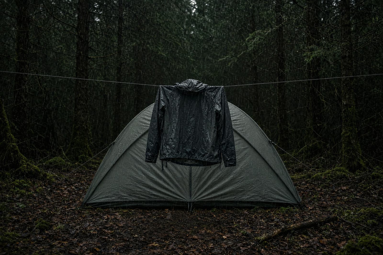 A tent in rain with its vestibule closed, a shell hanging from a guyline