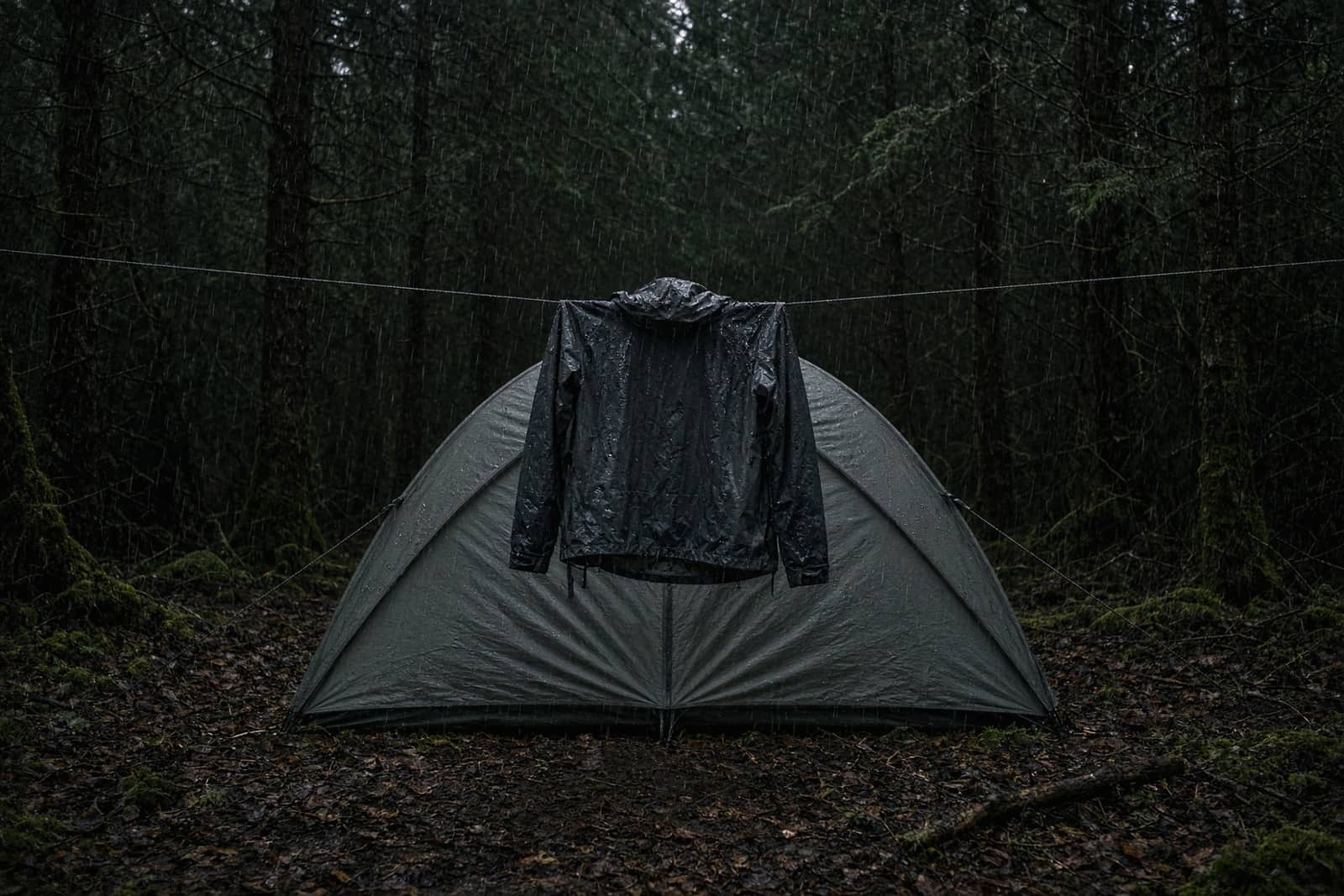 A tent in rain with its vestibule closed, a shell hanging from a guyline