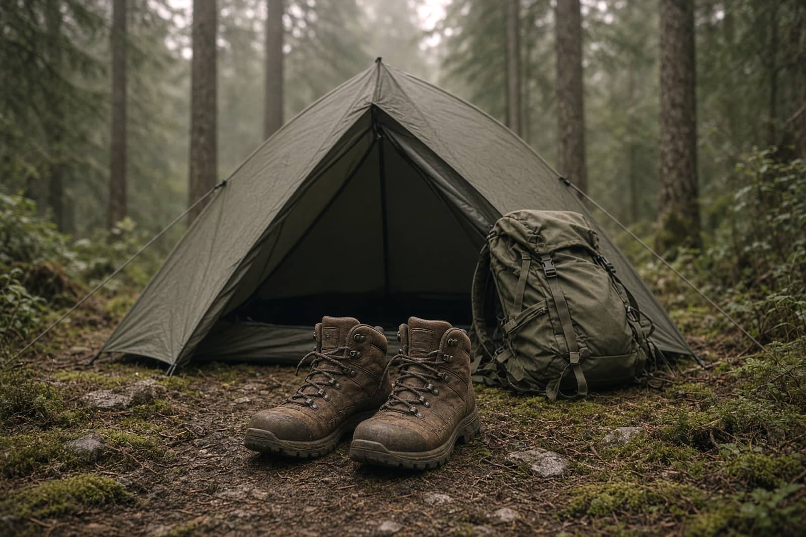Wide-toe-box boots beside a small tent with a pack leaning on it