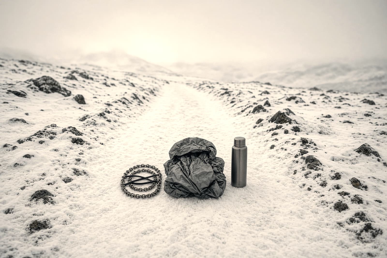 Microspikes, a shell and an insulated bottle on a snowy trail
