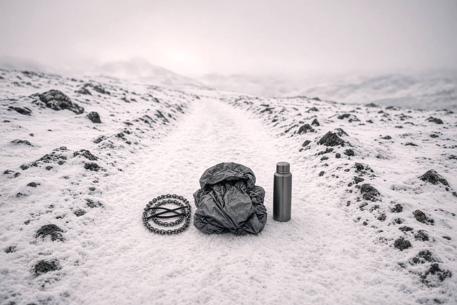 Microspikes, a shell and an insulated bottle on a snowy trail