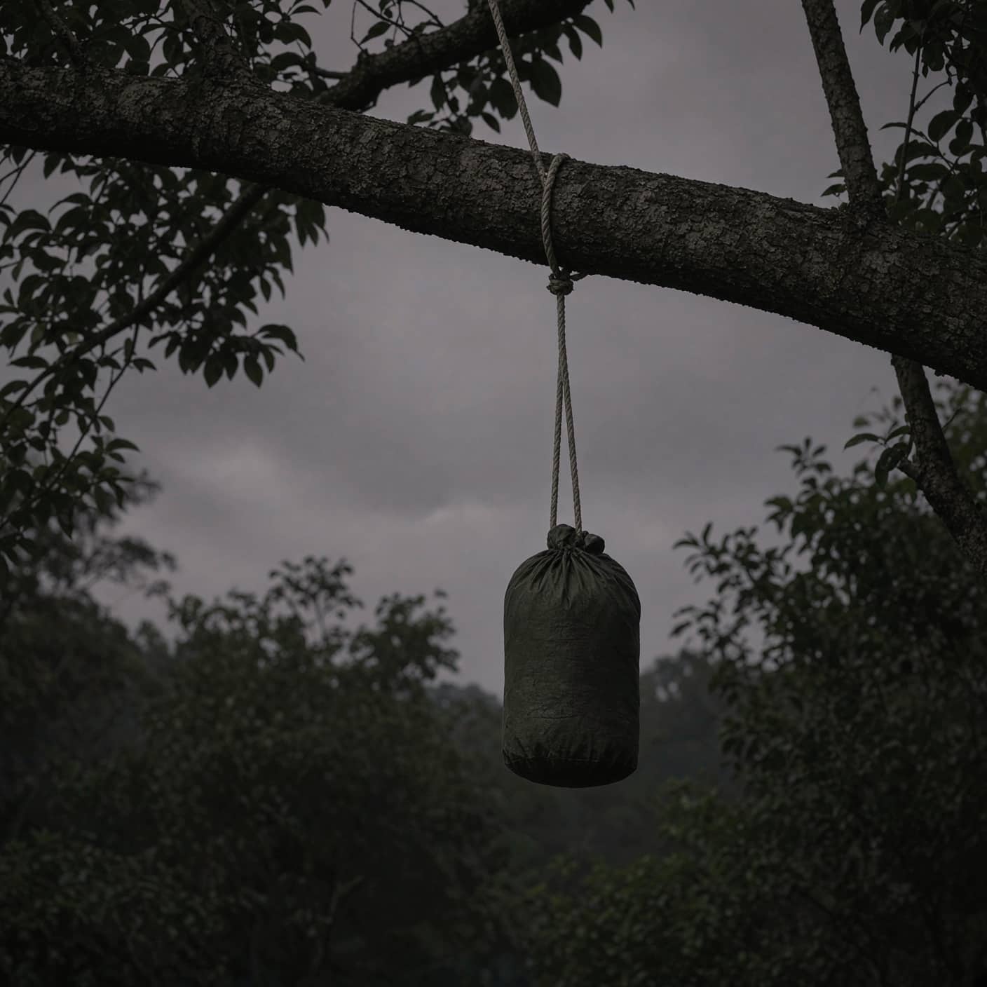 A rope over a high branch with a food bag at dusk