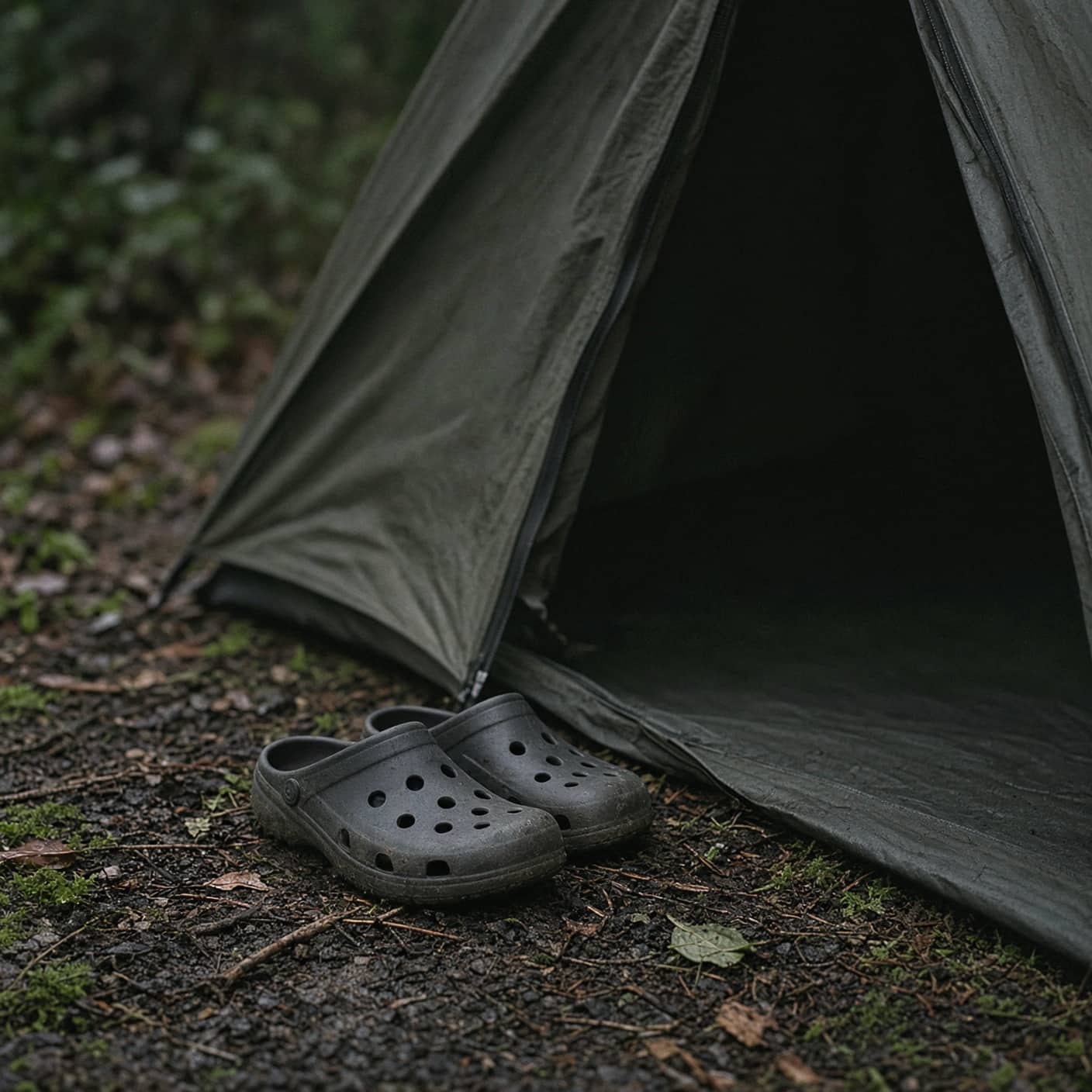 A pair of camp clogs beside a tent door