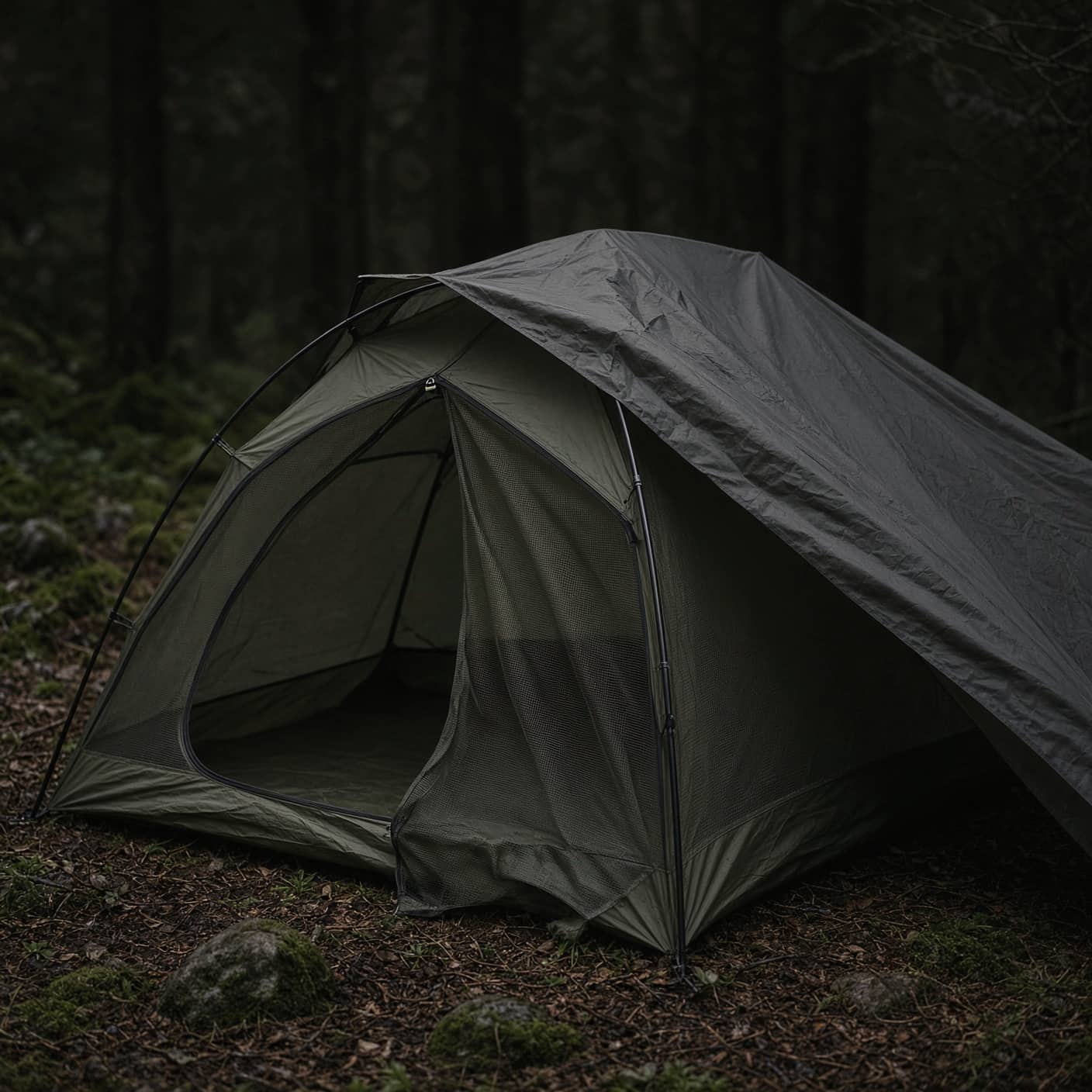 Inner mesh tent visible beneath a half-pitched fly