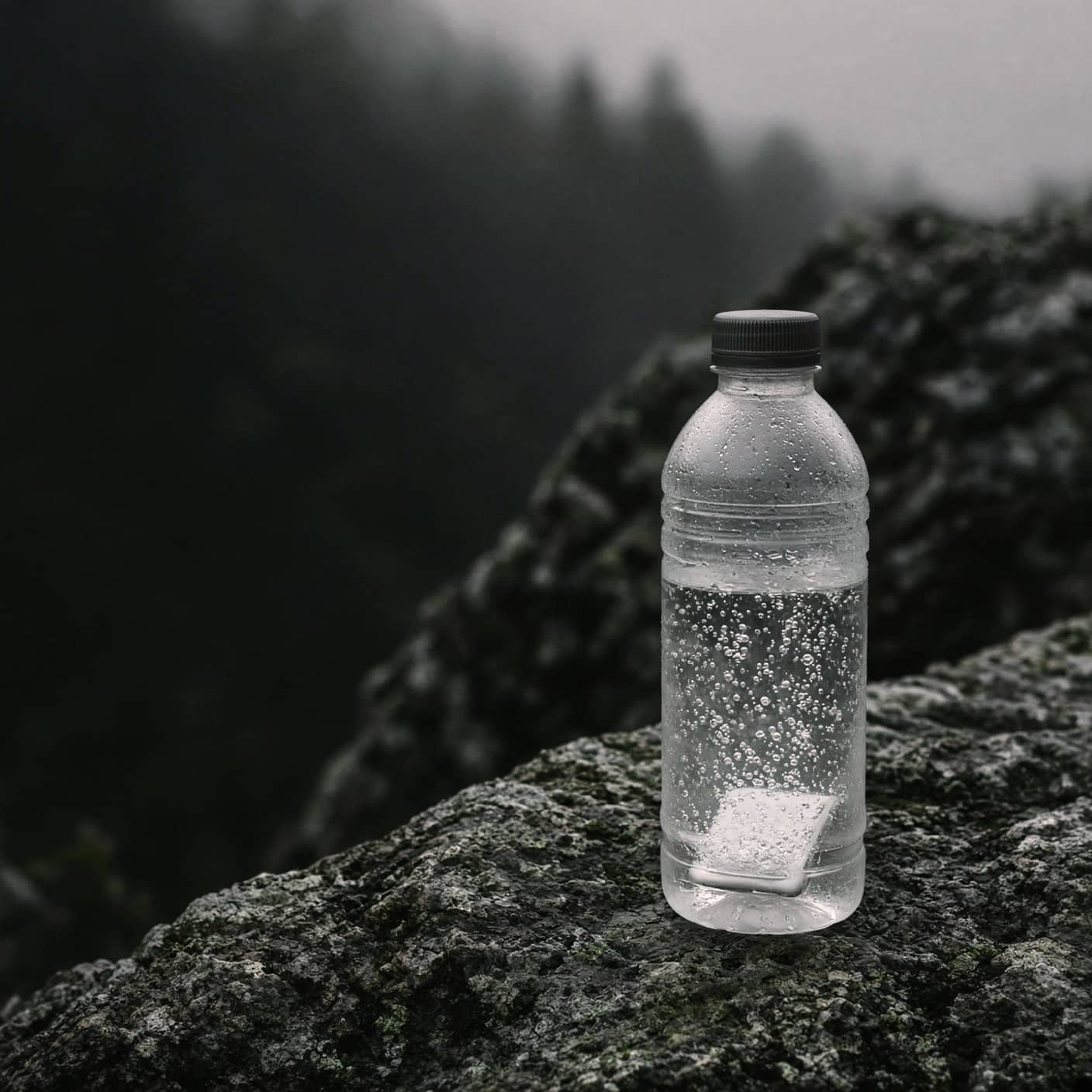A tablet fizzing in a water bottle on a rock