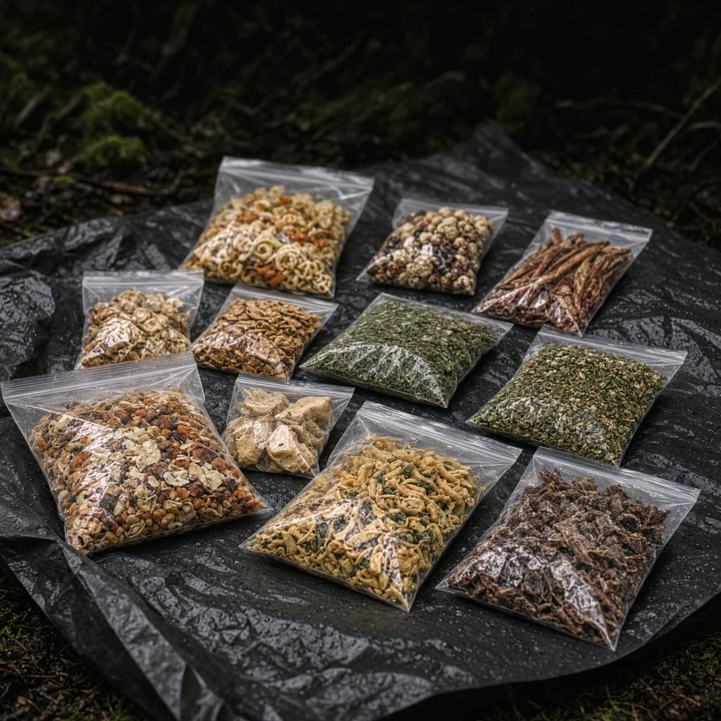 Trail meals portioned into bags on a tarp