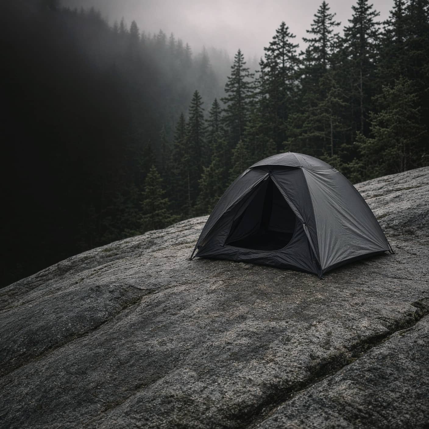 A tent standing upright on bare granite with no stakes