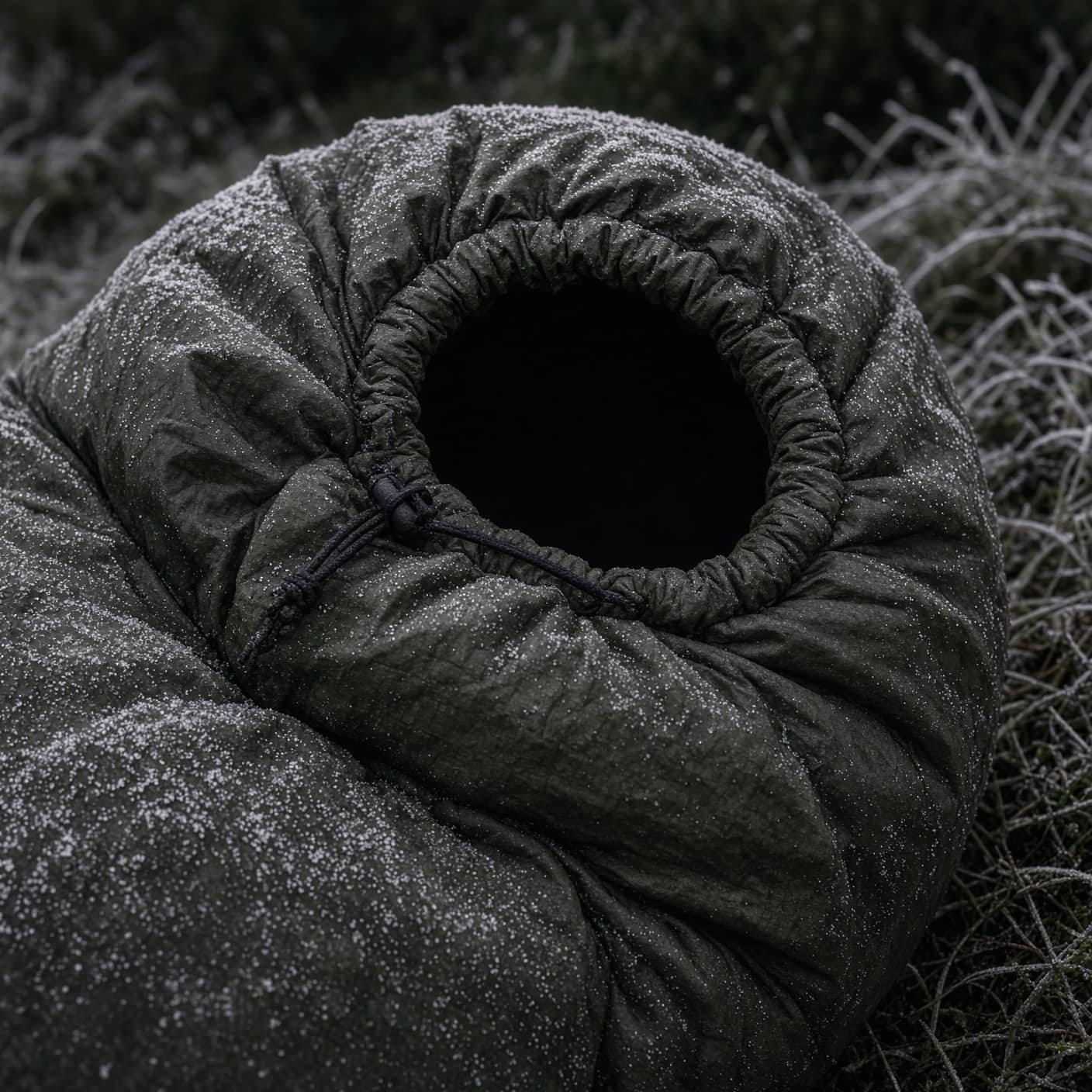 A mummy bag hood cinched tight at a frosty dawn