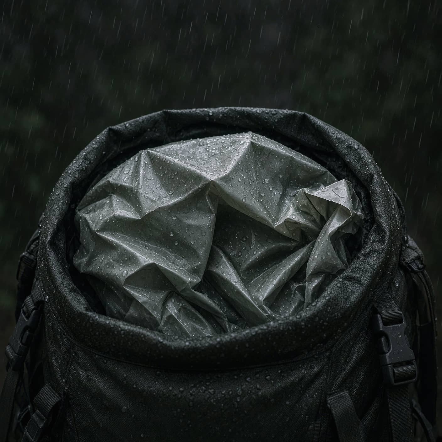 A liner bag inside an open pack in light rain
