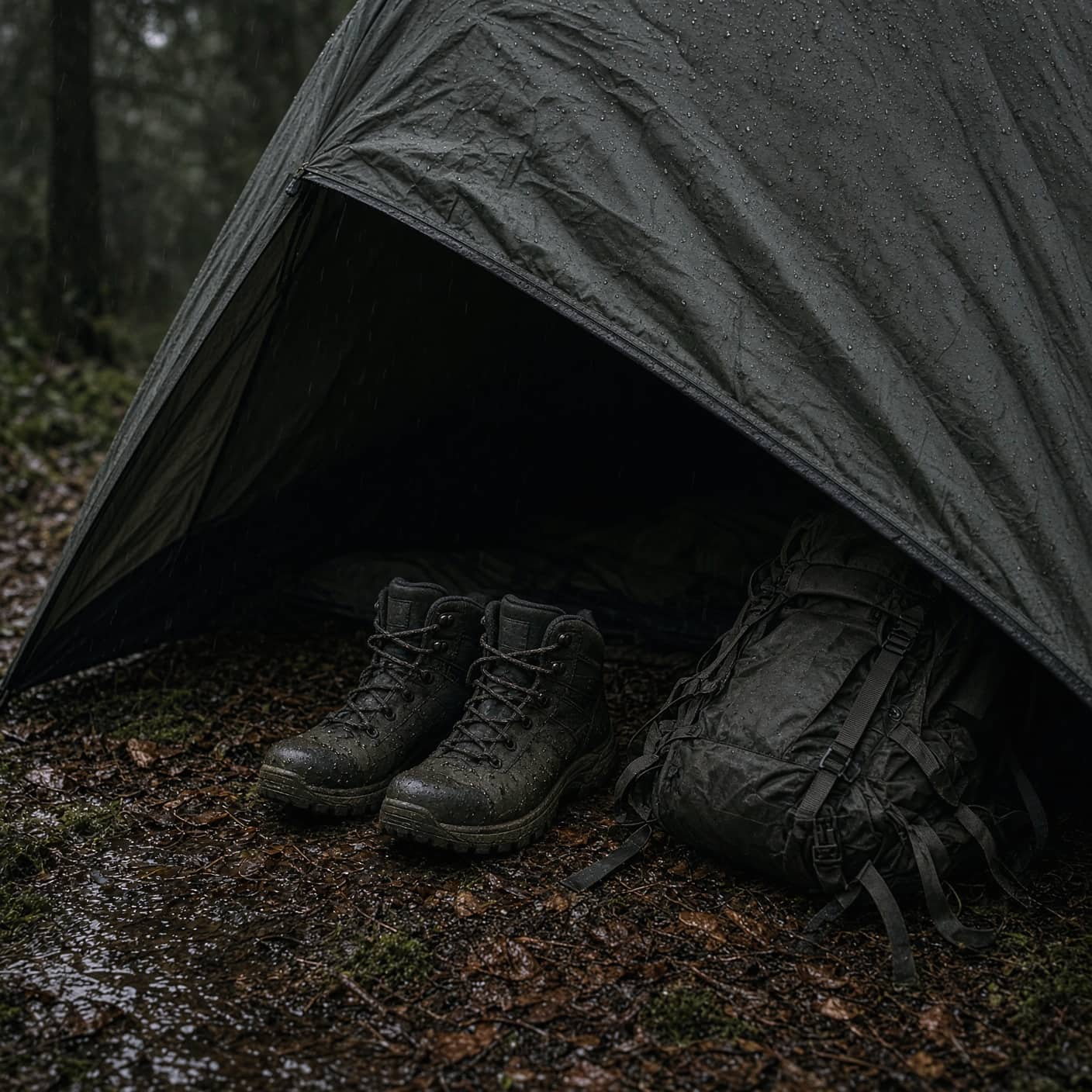 Boots and a pack under a tent vestibule in rain