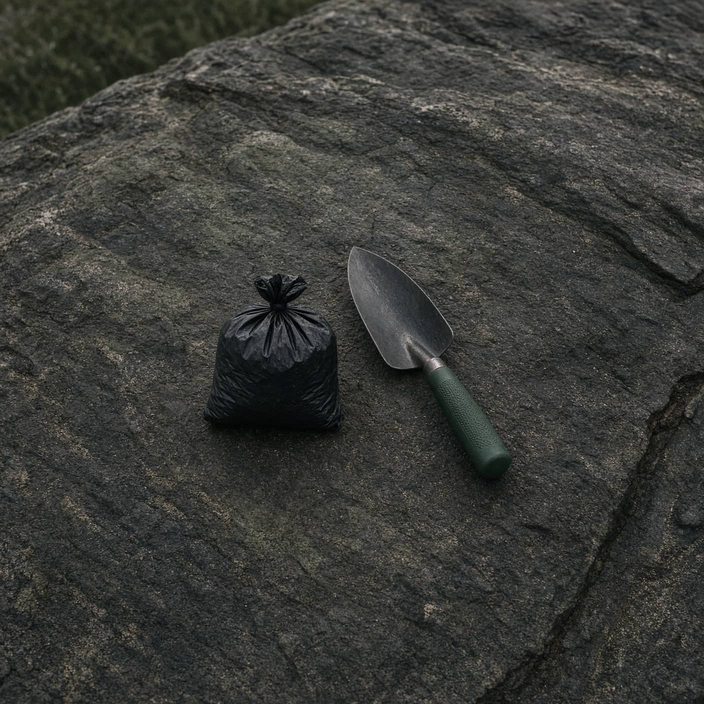 A sealed waste bag and trowel on desert slickrock, tasteful