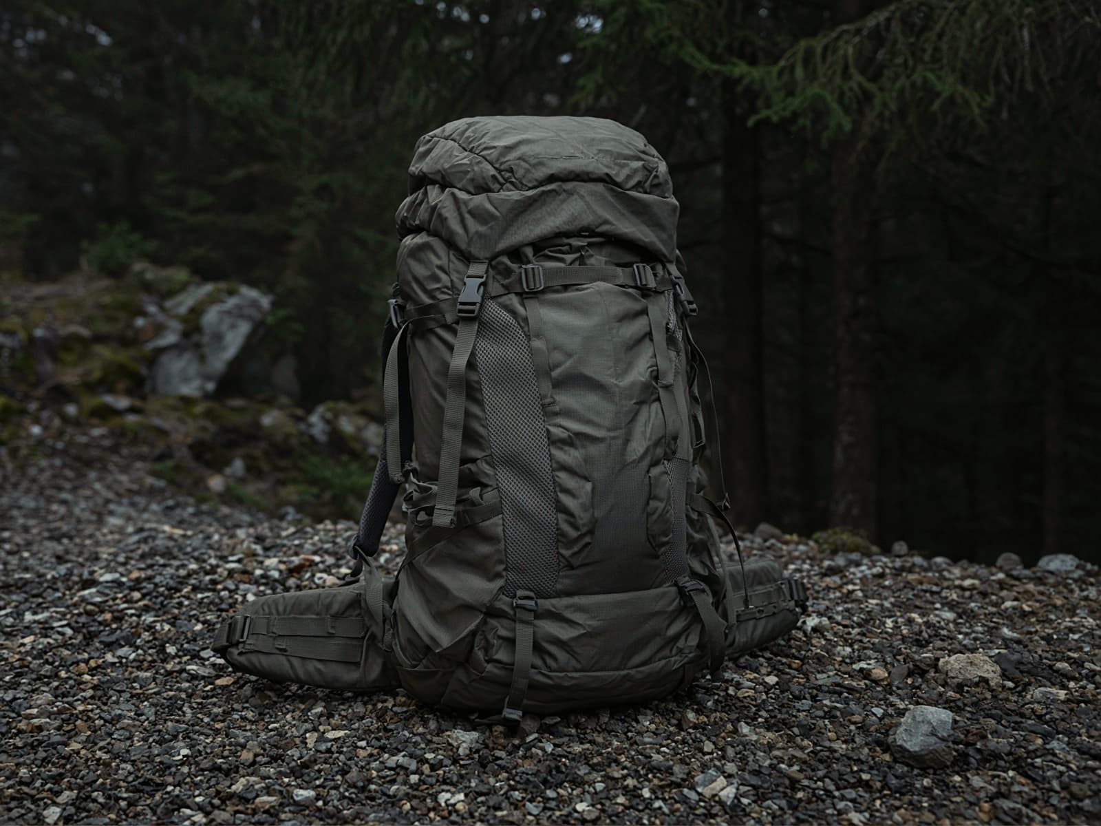 A ventilated large load-hauling pack standing on trailhead gravel