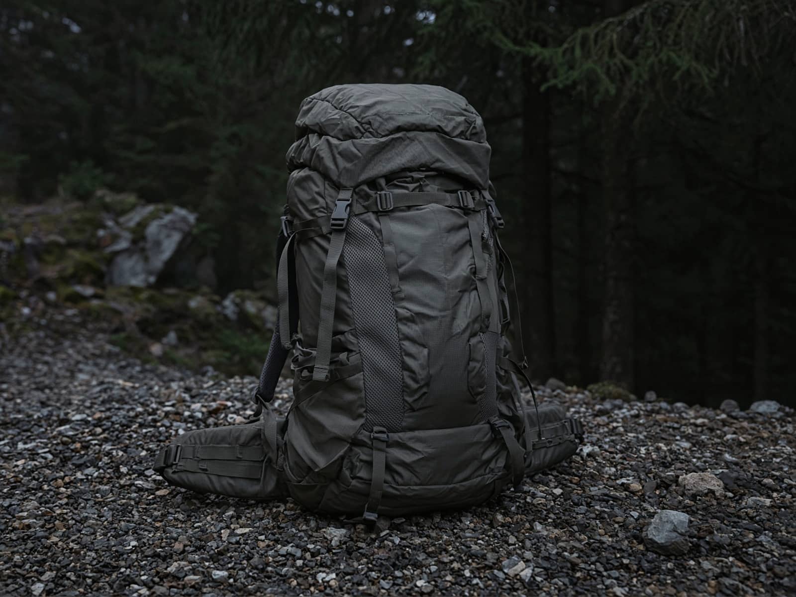 A ventilated large load-hauling pack standing on trailhead gravel