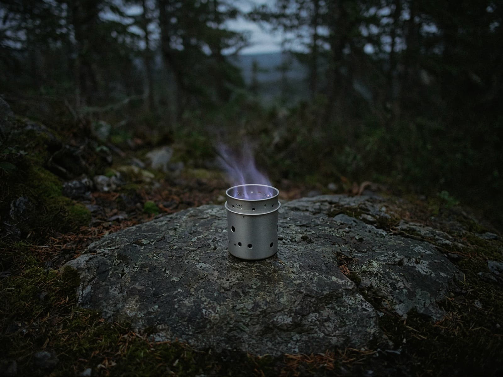 A tiny titanium alcohol stove with a faint flame on a flat rock at dusk