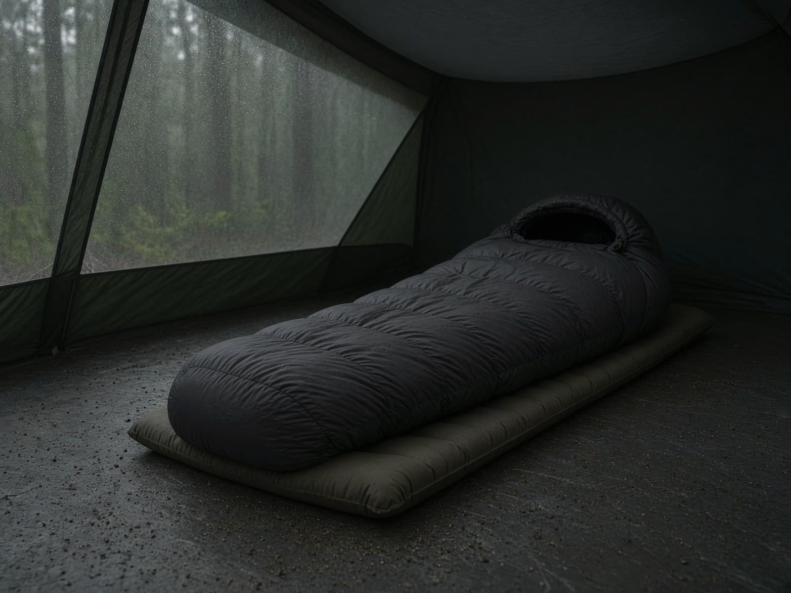A high-end down mummy bag lofted on a pad inside a tent