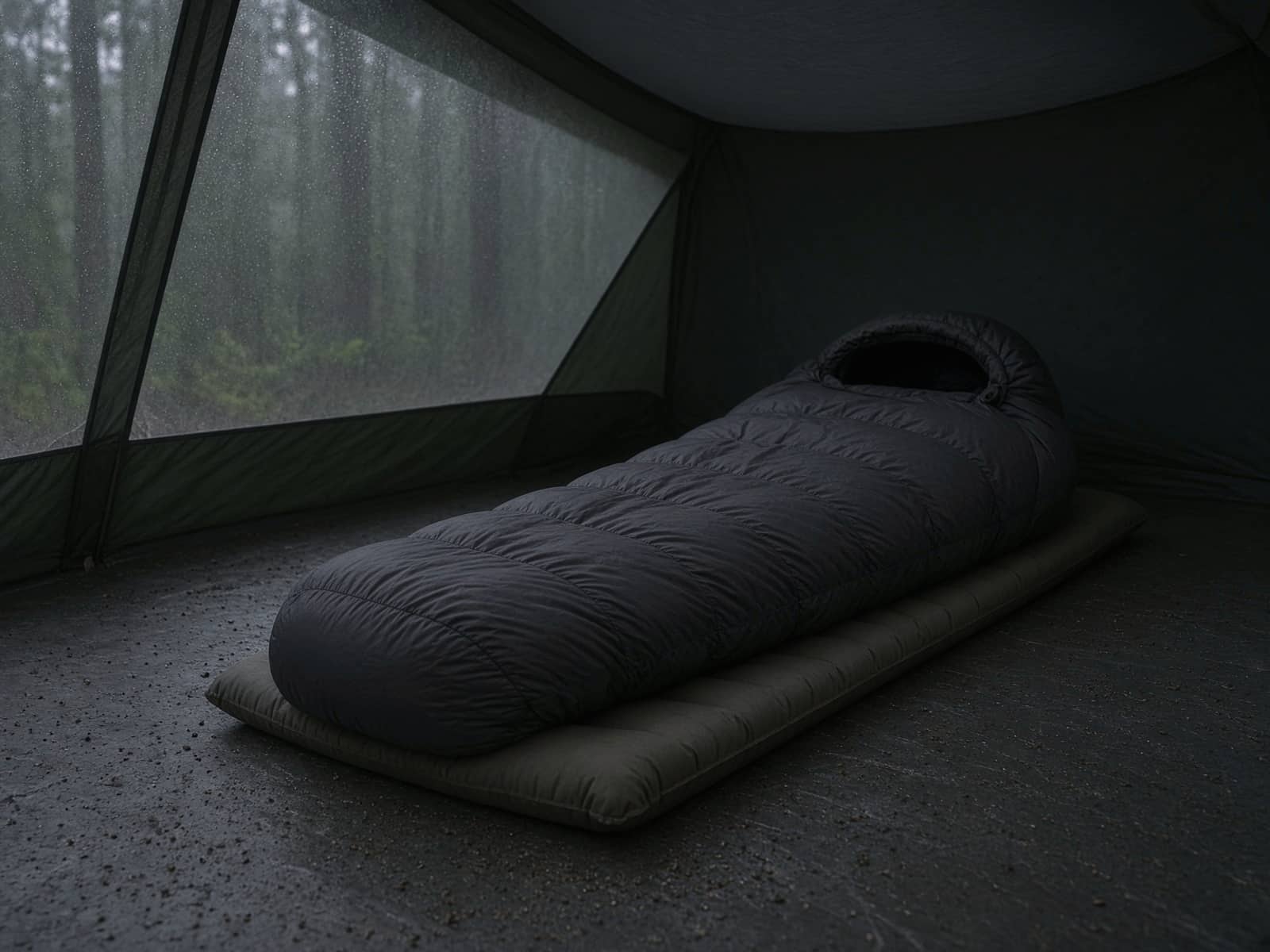A high-end down mummy bag lofted on a pad inside a tent