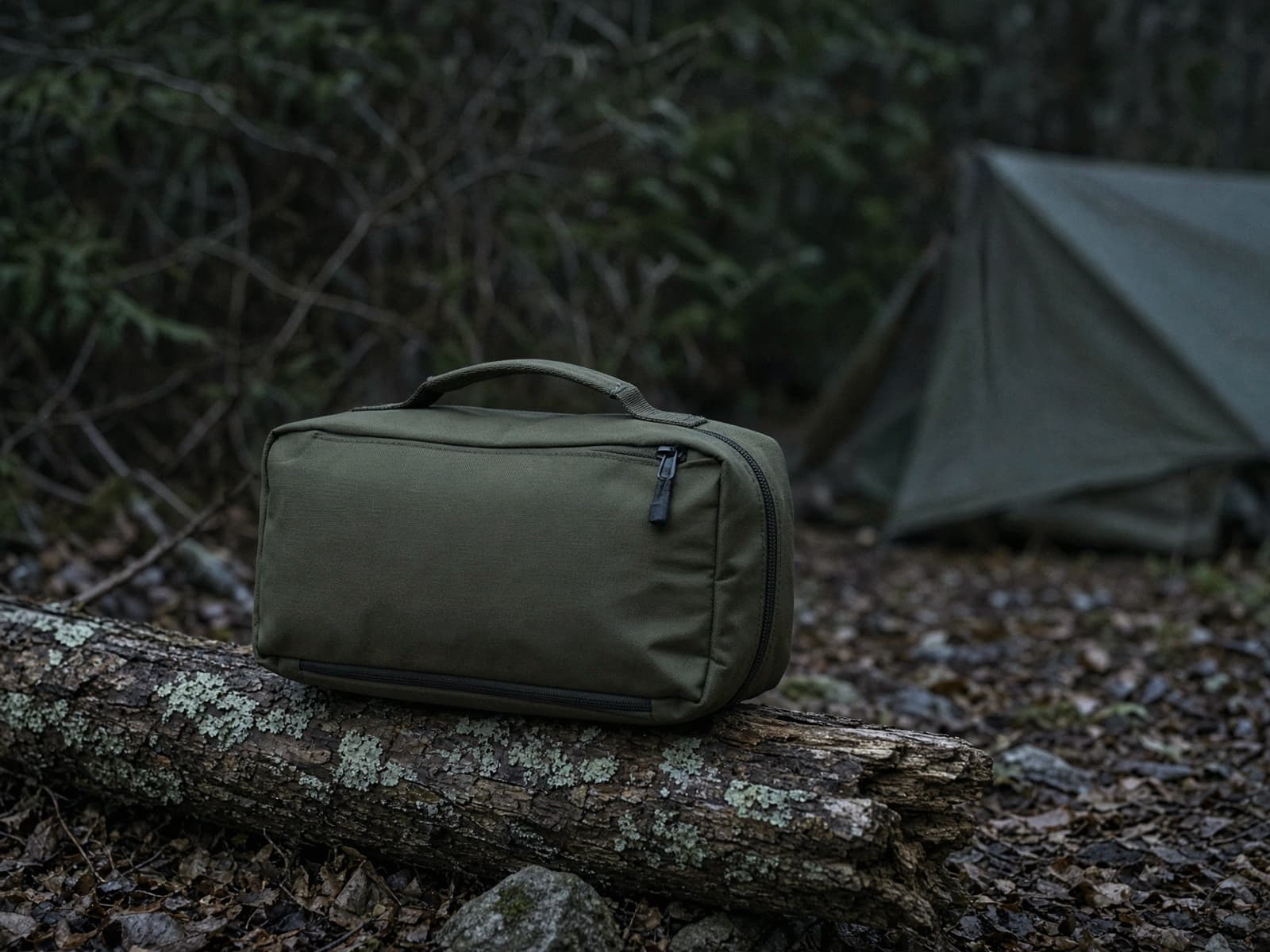 A larger group first-aid kit bag on a log at camp